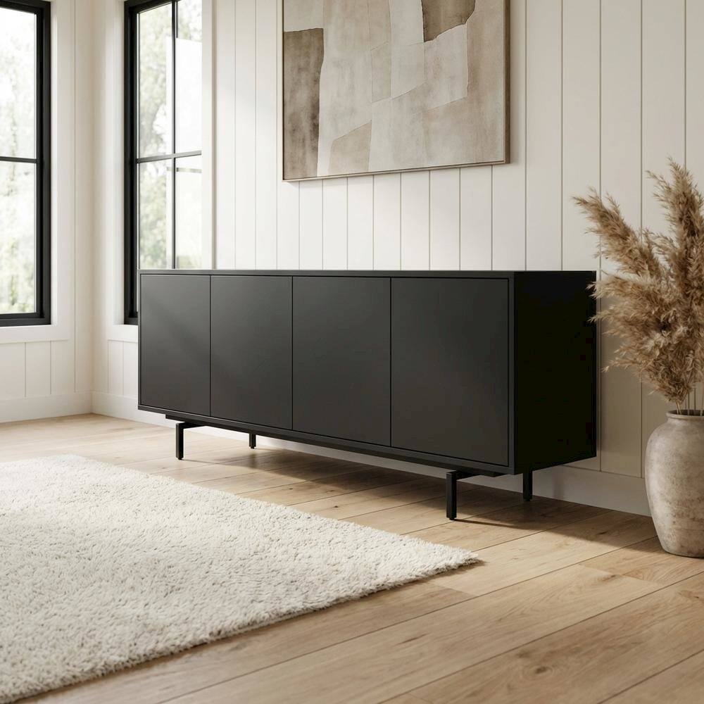 Left. FurniFact - Black Laminate TV Console with Four Doors and Modern Style - Black.