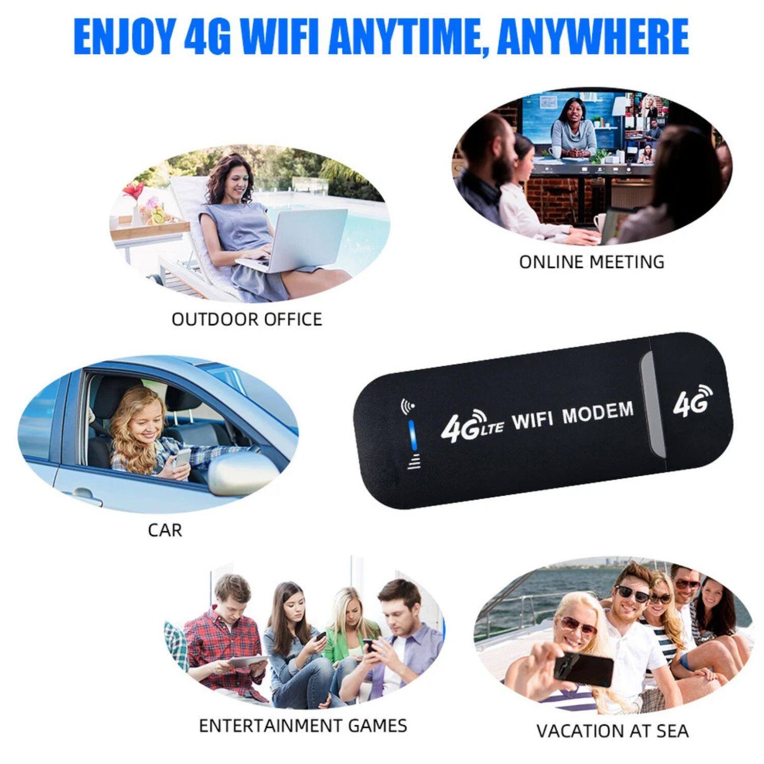 ENJOY 4G WIFI ANYTIME, ANYWHERE

- OUTDOOR OFFICE
- ONLINE MEETING
- CAR
- ENTERTAINMENT GAMES
- VACATION AT SEA

4G LTE WIFI MODEM