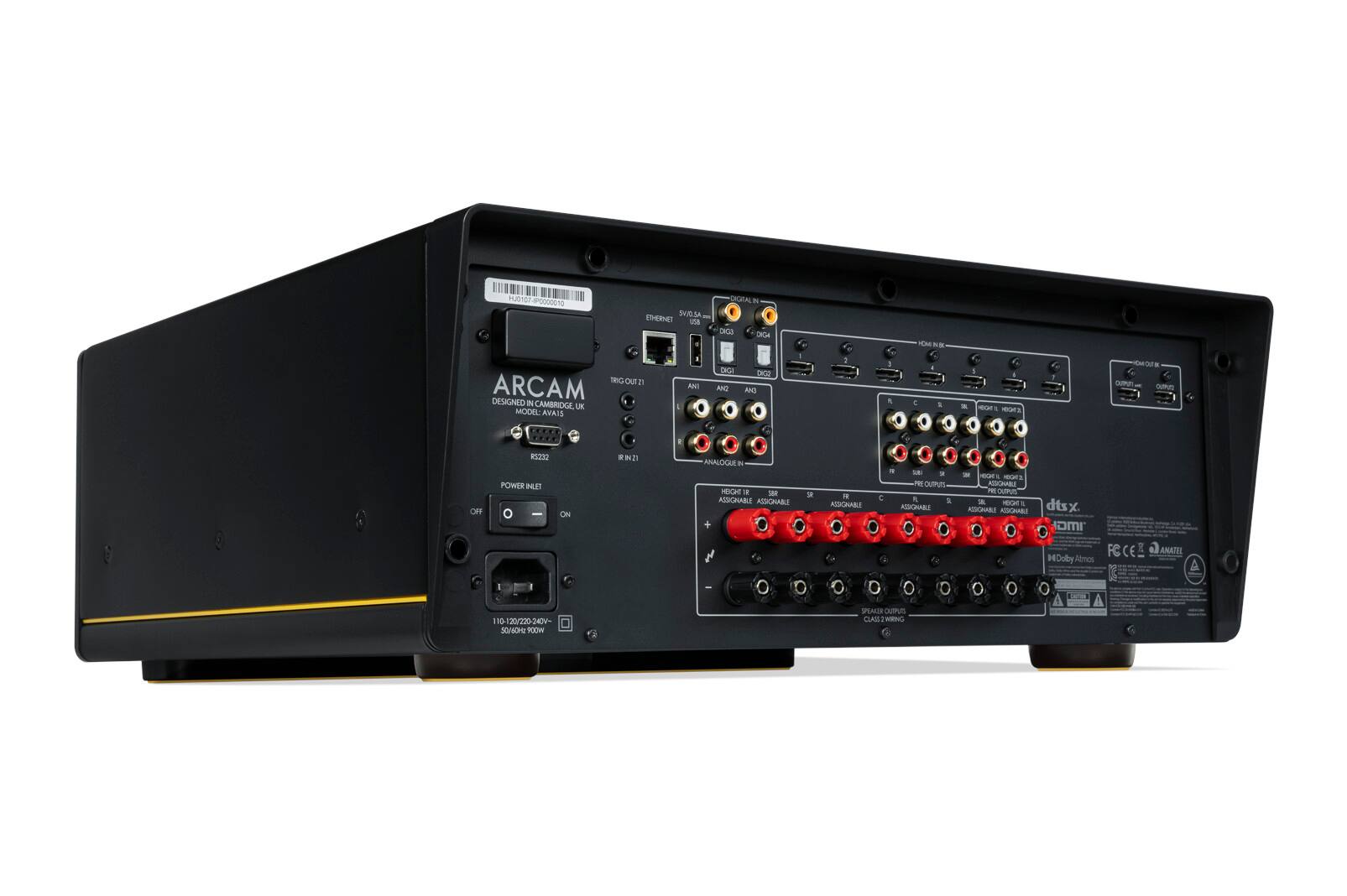 ARCAM  
DESIGNED IN CAMBRIDGE, UK  
MODEL: AVA151

SVR/SUB  
ETHERNET

DIG1 DIG2 DIG3  
AN1 AN2 AN3

TRIG OUT 1  
RS232

POWER INLET  
110/220/240V~  
50/60Hz 100W

dtsx  
x DTS-HD Master Audio  
Dolby Atmos

ANATEL  
0 0 110 120/200240V-