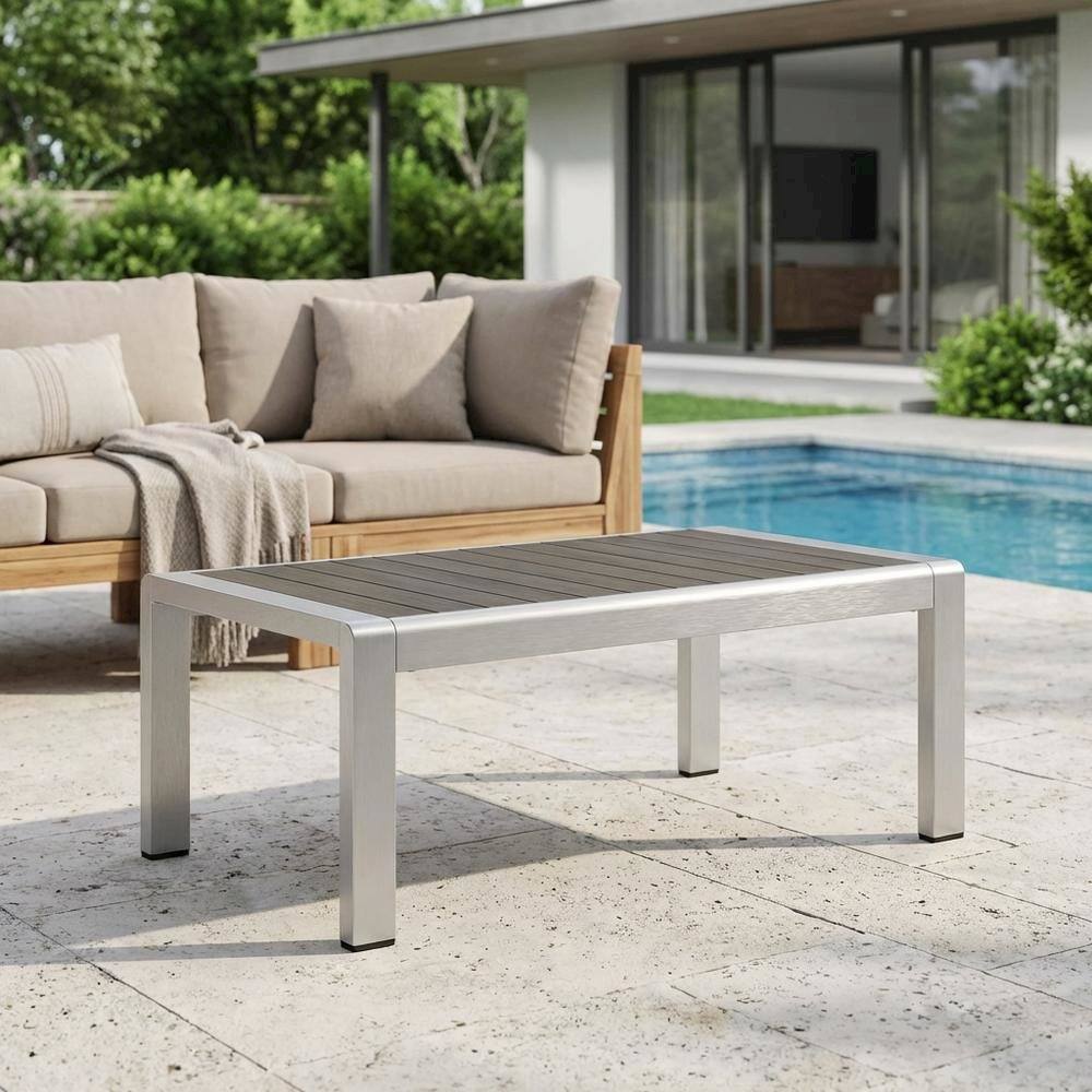 Left. Outdoor Escape - Aluminum Outdoor Coffee Table With Modern Design And Sturdy Base - Gray.