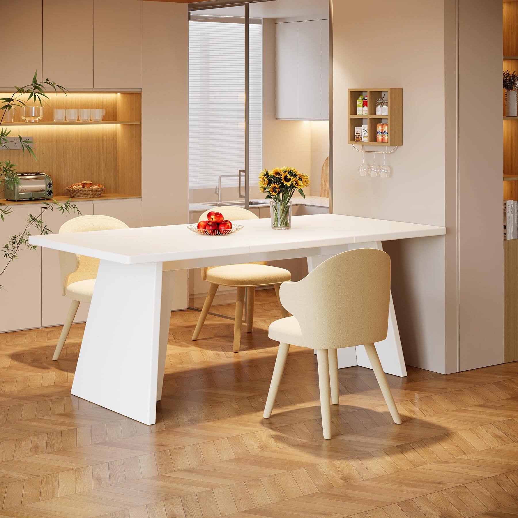 Alt View 1. Tribesigns - White Dining Table, 63" Modern Kitchen Table with Glossy Tabletop and Double Robust Pedestal, Large Rectangle Wooden Eat - White.
