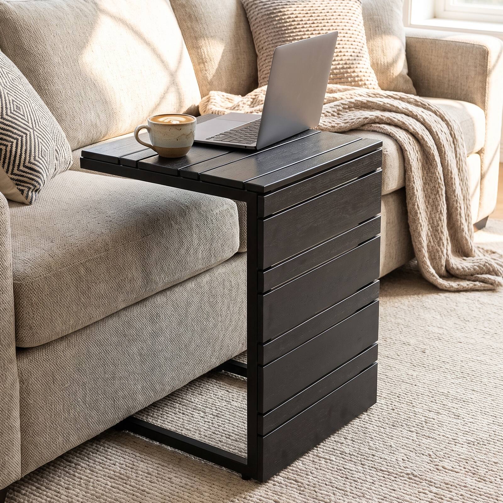 Gymax C Shaped Side Table w/Wood Plastic Tabletop Compact Space Saving ...