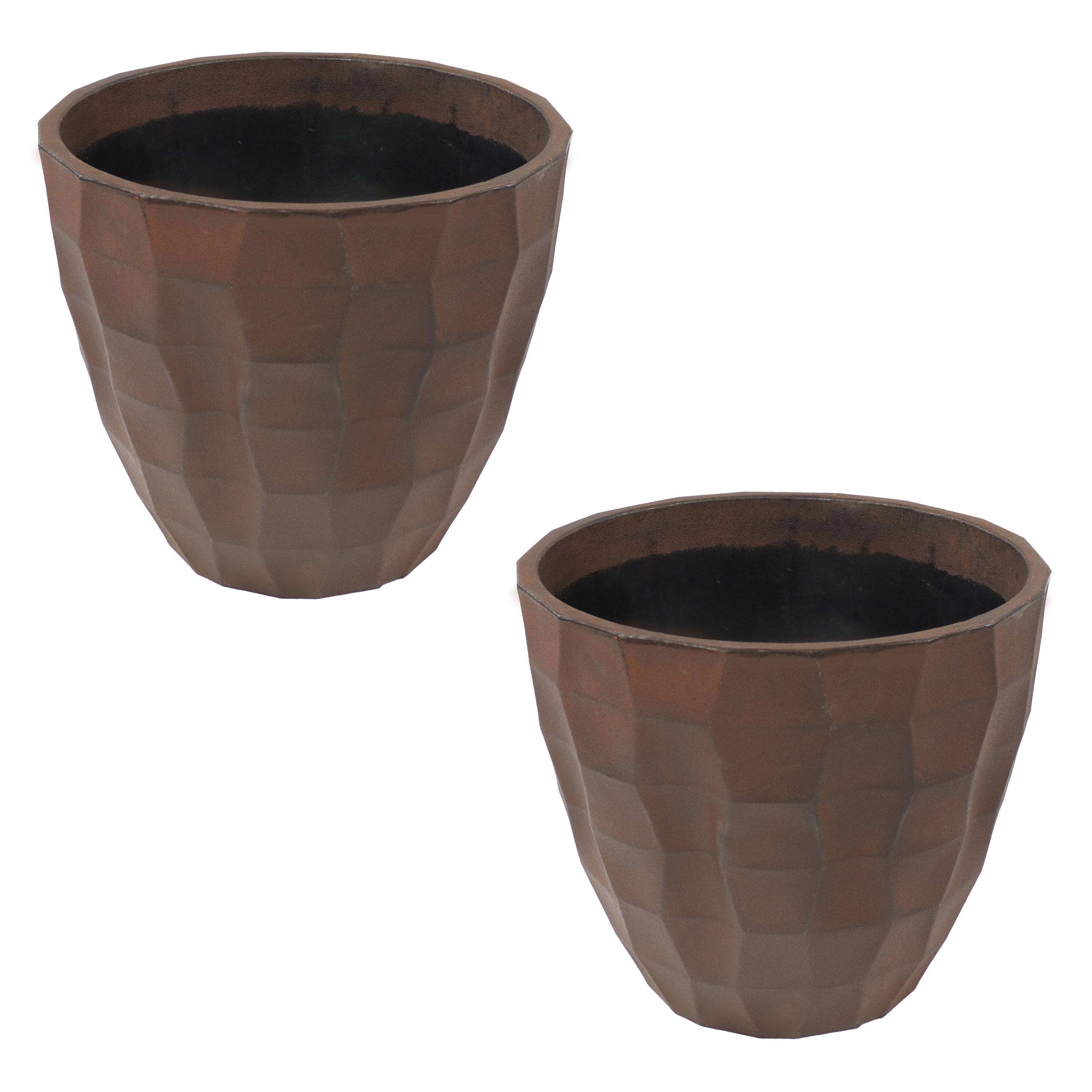 Front. Sunnydaze - Pebbled Polyresin Outdoor Planter - Set of 2 - Dark Brown.