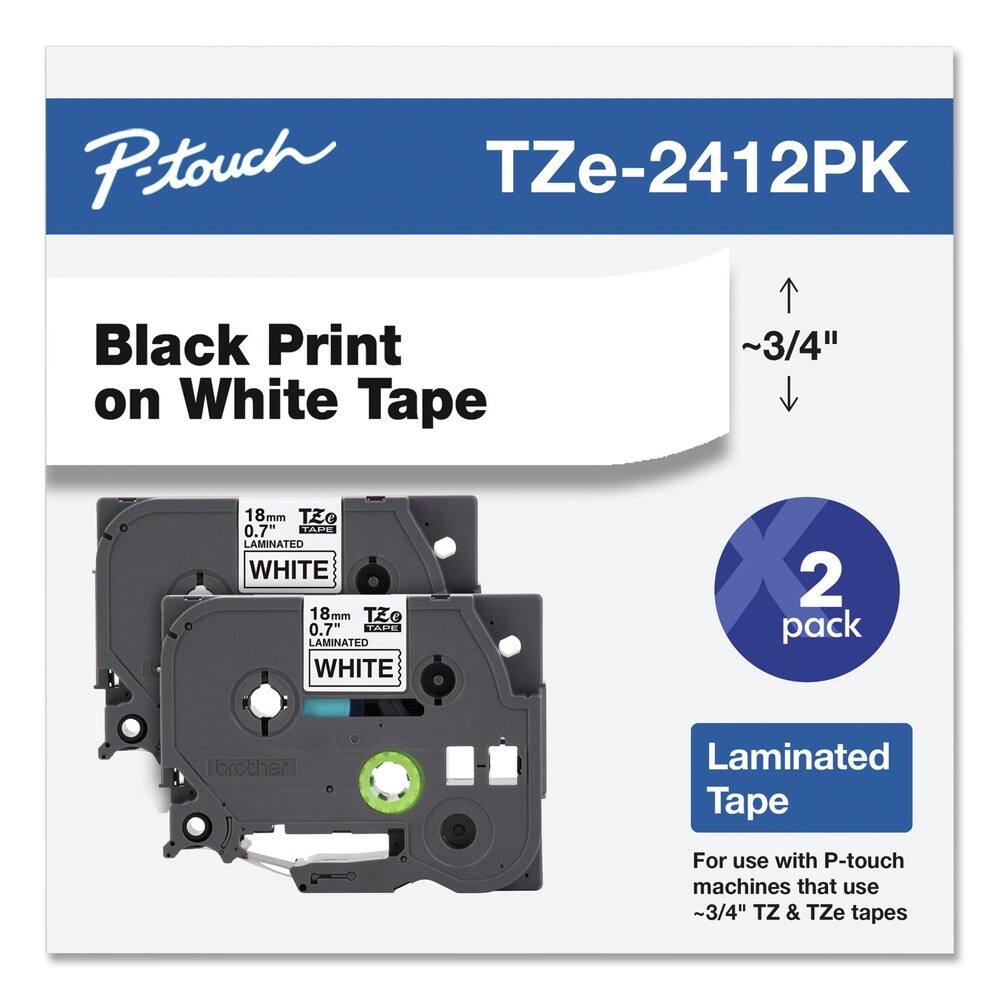 P-touch  
TZe-2412PK  

Black Print on White Tape  

18mm 0.7" Laminated White Tape  

2 pack  

Laminated Tape  

For use with P-touch machines that use ~3/4" TZ & TZe tapes