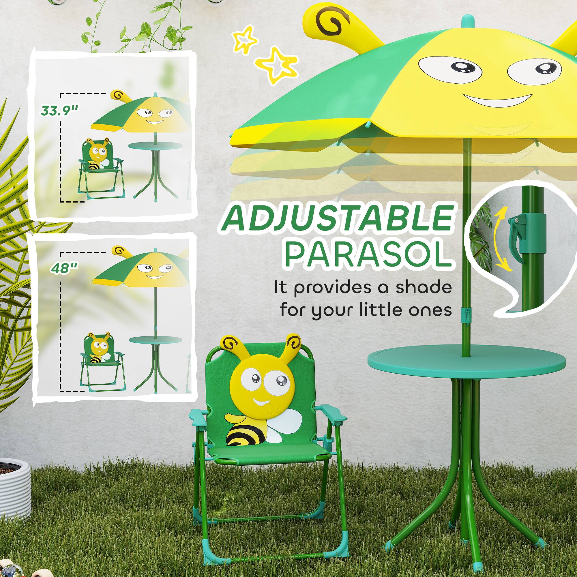 ADJUSTABLE PARASOL  
It provides a shade for your little ones  

33.9"  
48"