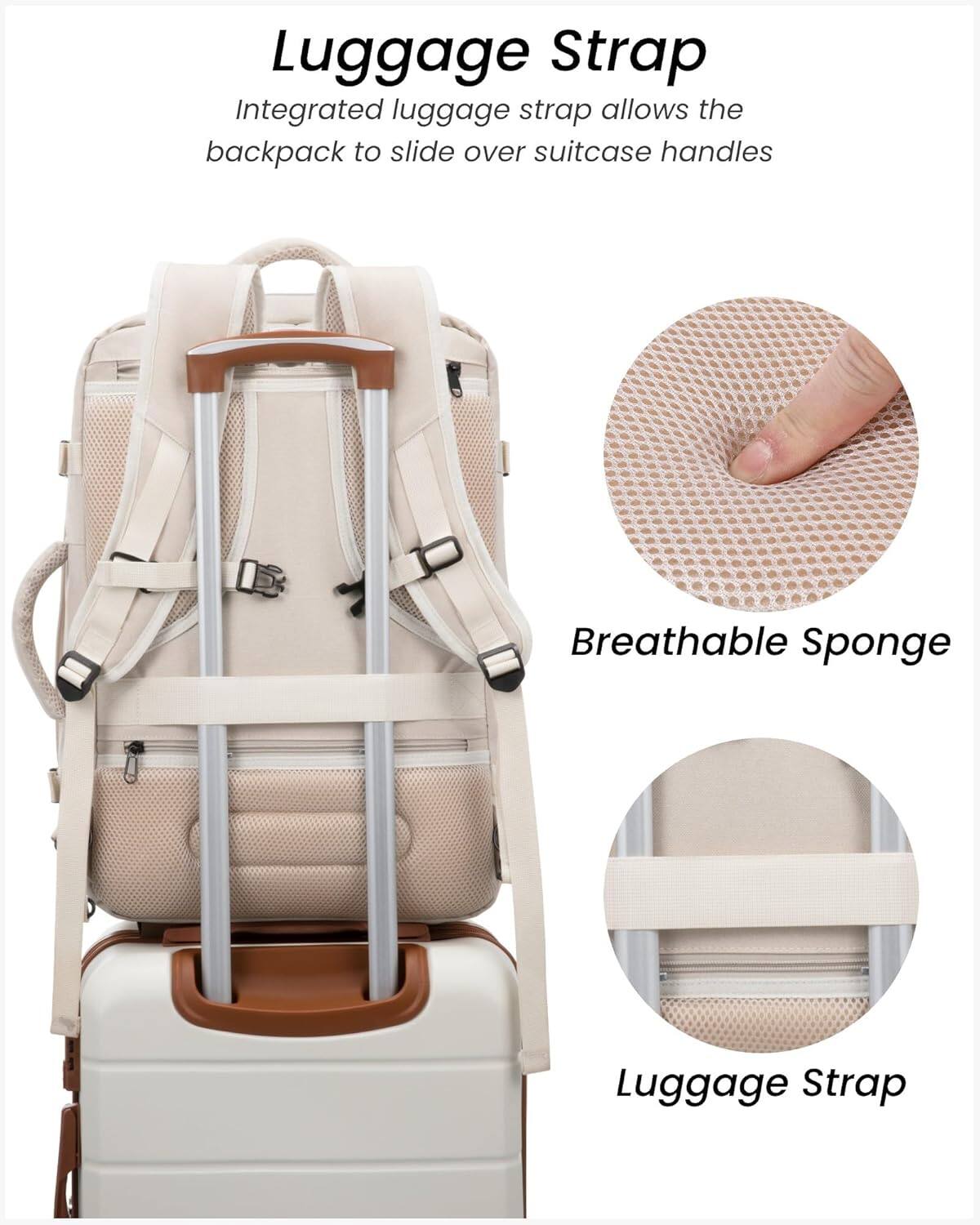 Luggage Strap  
Integrated luggage strap allows the backpack to slide over suitcase handles  

Breathable Sponge  

Luggage Strap