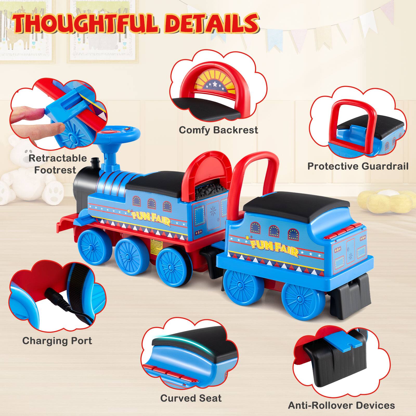 THOUGHTFUL DETAILS

- Comfy Backrest
- Retractable Footrest
- Protective Guardrail
- Charging Port
- Curved Seat
- Anti-Rollover Devices