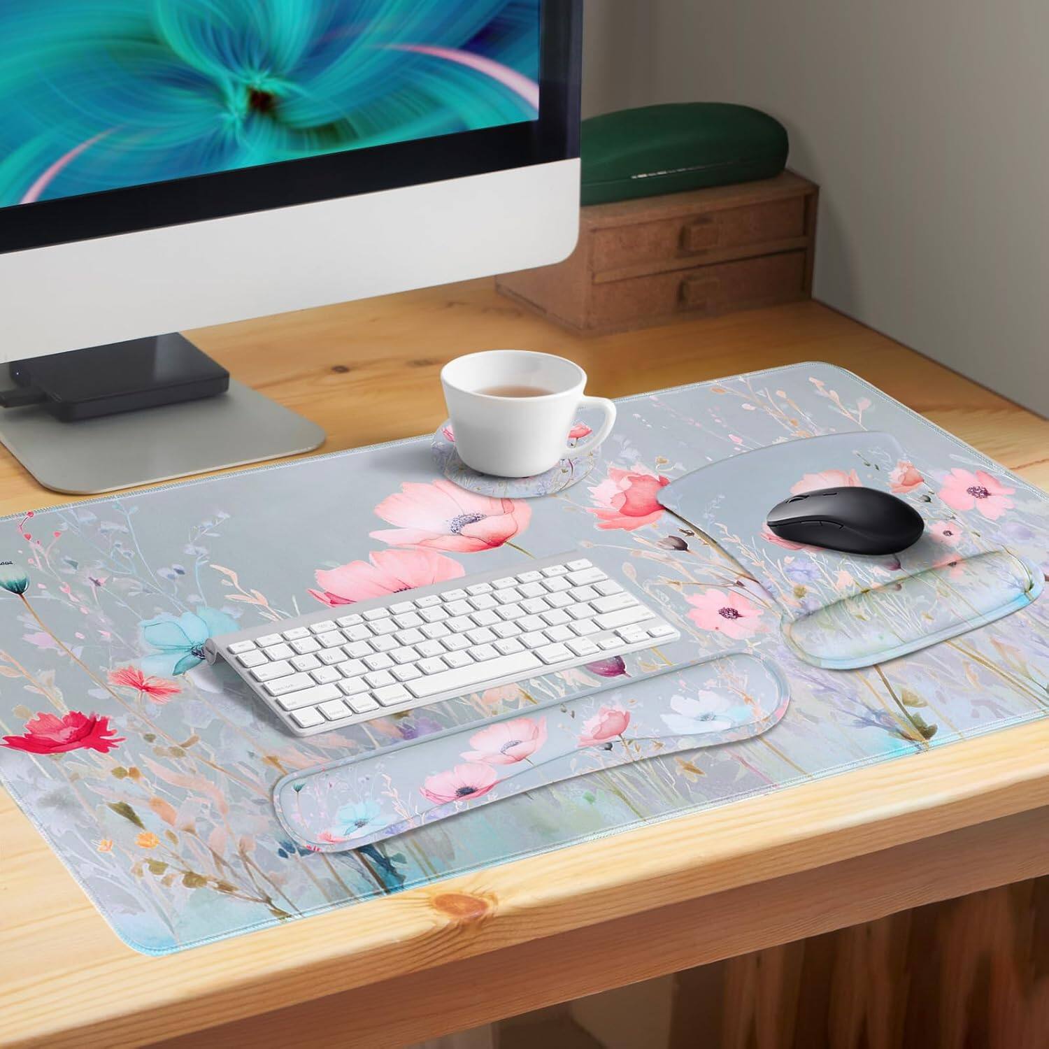 Alt View 3. mosiso - 4in1 Large Mouse Pad Set, Keyboard Wrist Rest&Mouse Wrist Rest&Coaster, Extended Desk Pad for Home Office Study Game - H664.