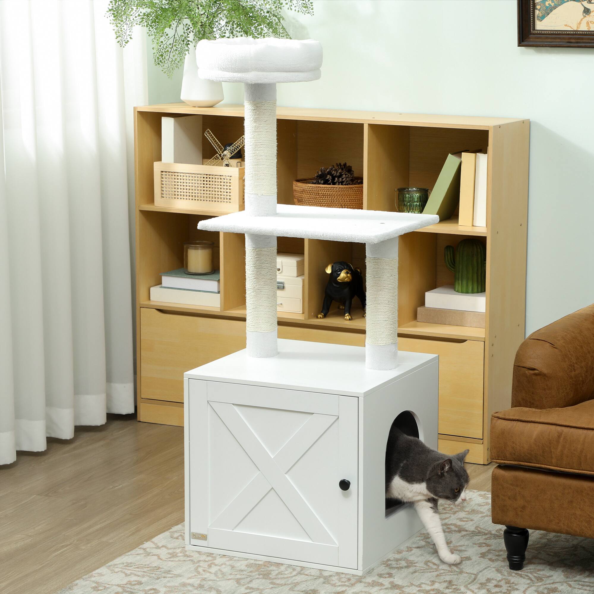 Alt View 1. Pawhut - Tree with Litter Box Enclosure, Scratching Posts, Bed - White.