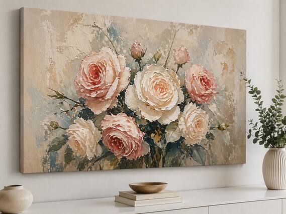 Front. FC Design - Large Canvas 24x36" Ready-to-Hang 24x36" Vintage Rose Bouquet Art Painting Home Wall Décor - MultiColor.