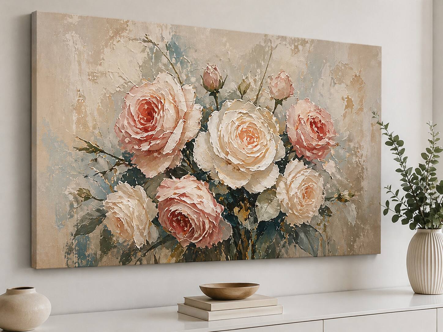 Front. FC Design - Large Canvas 24x36" Ready-to-Hang 24x36" Vintage Rose Bouquet  Art Painting Home Wall Décor - MultiColor.