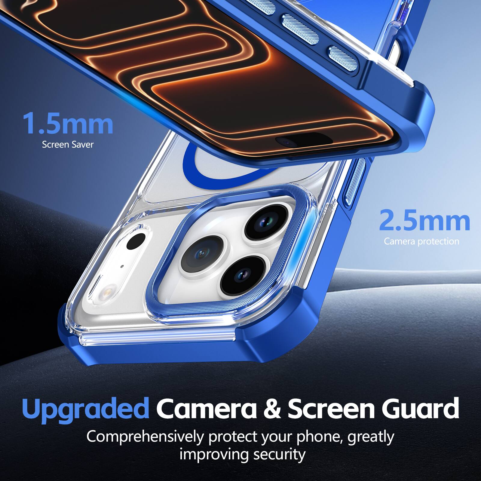 1.5mm Screen Saver  
2.5mm Camera protection  
Upgraded Camera & Screen Guard  
Comprehensively protect your phone, greatly improving security