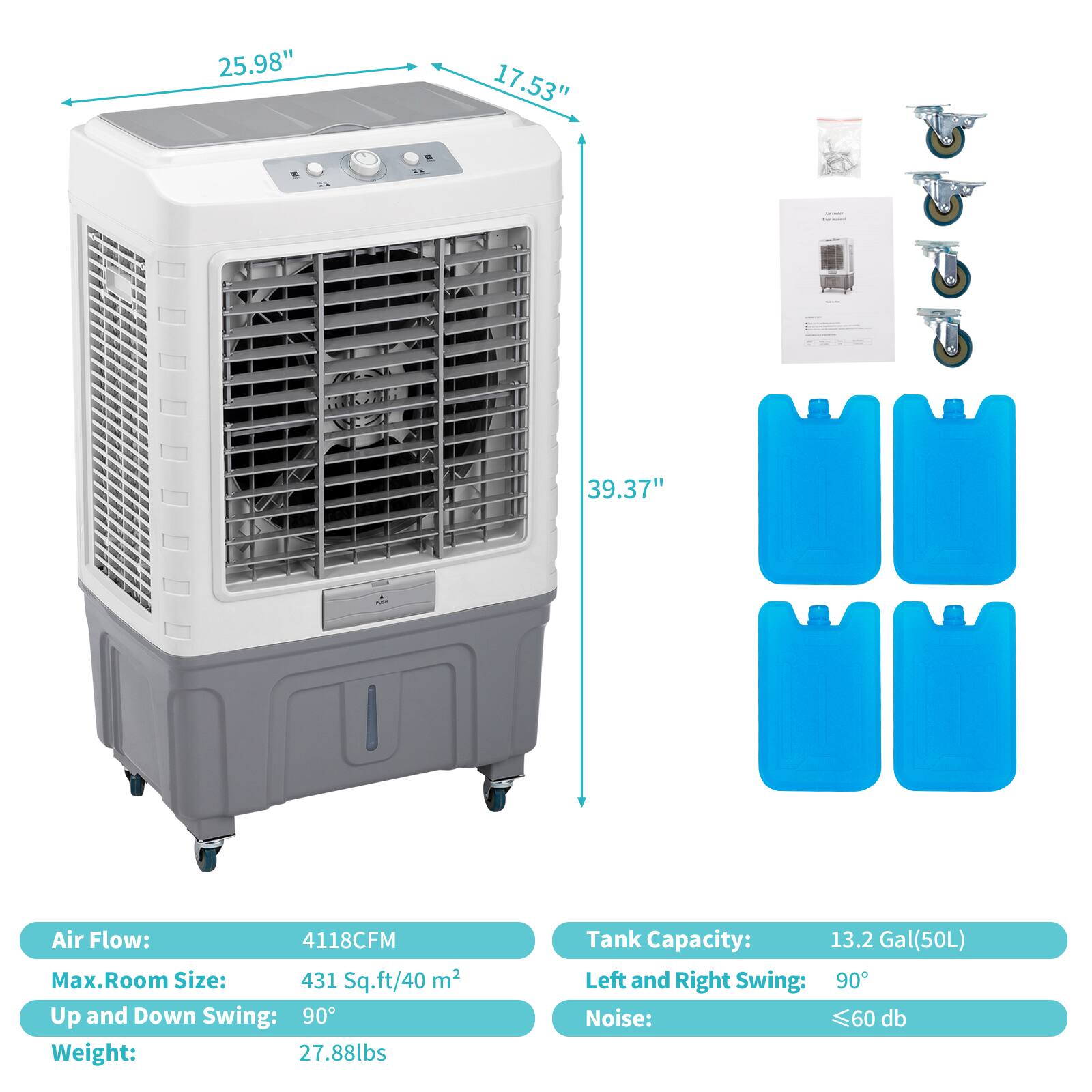- Dimensions: 25.98" x 17.53" x 39.37"
- Air Flow: 4118 CFM
- Max. Room Size: 431 Sq.ft / 40 m²
- Up and Down Swing: 90°
- Weight: 27.88 lbs
- Tank Capacity: 13.2 Gal (50L)
- Left and Right Swing: 90°
- Noise: ≤ 60 dB