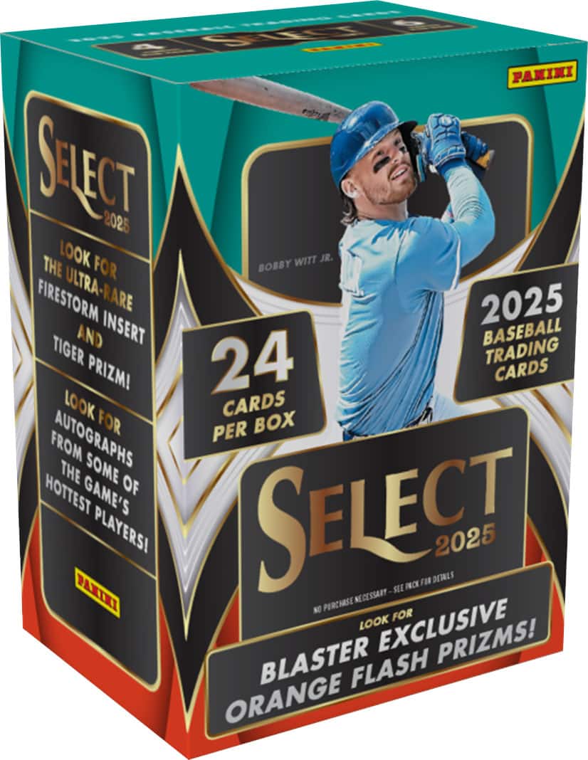 PANINI SELECT 2025  
THE LOOK FOR BOBBY WITT JR.  
FIRESTORM ULTRA-RARE 2025 AND INSERT BASEBALL TIGER 24 TRADING PRIZMI CARDS  
LOOK CARDS FOR PER BOX FROM AUTOGRAPHS SOME THE OF HOTTEST GAME'S SELECT PLAYERS!  
2025 FOR DETILS SEE PRCK PAXIKI NO PURCHASE NECESSARY FOR LOOK EXCLUSIVE BLASTER PRIZMS!  
FLASH ORANGE