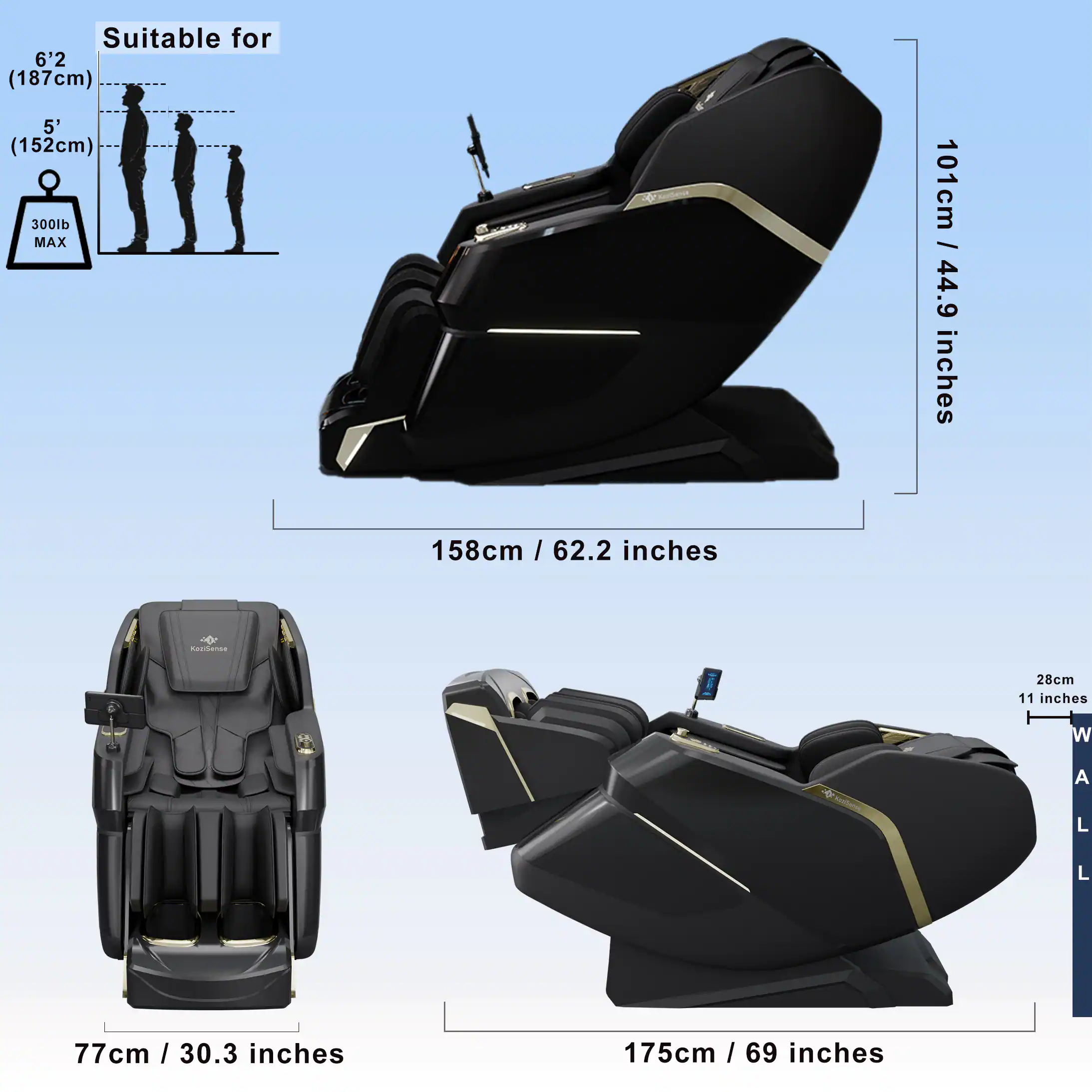 Suitable for 6'2" (187cm) 5' (152cm) 300lb MAX

Dimensions:
- Height: 101cm / 44.9 inches
- Width: 158cm / 62.2 inches
- Depth: 77cm / 30.3 inches
- Length: 175cm / 69 inches
- Width of Footrest: 28cm / 11 inches
