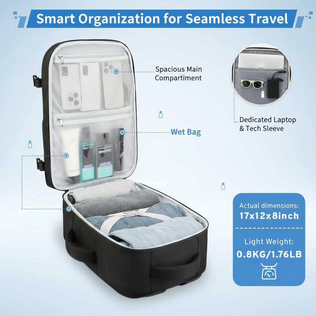 Smart Organization for Seamless Travel

- Spacious Main Compartiment
- Wet Bag
- Dedicated Laptop & Tech Sleeve

Actual dimensions: 17x12x8 inch

Light Weight: 0.8KG/1.76LB