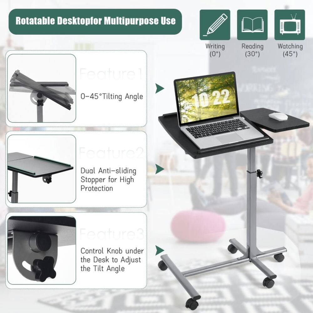 Rotatable Desktop for Multipurpose Use

Feature 1: 0–45° Tilting Angle  
- Writing (0°)  
- Reading (30°)  
- Watching (45°)

Feature 2: Dual Anti-sliding Stopper for High Protection

Feature 3: Control Knob under the Desk to Adjust the Tilt Angle