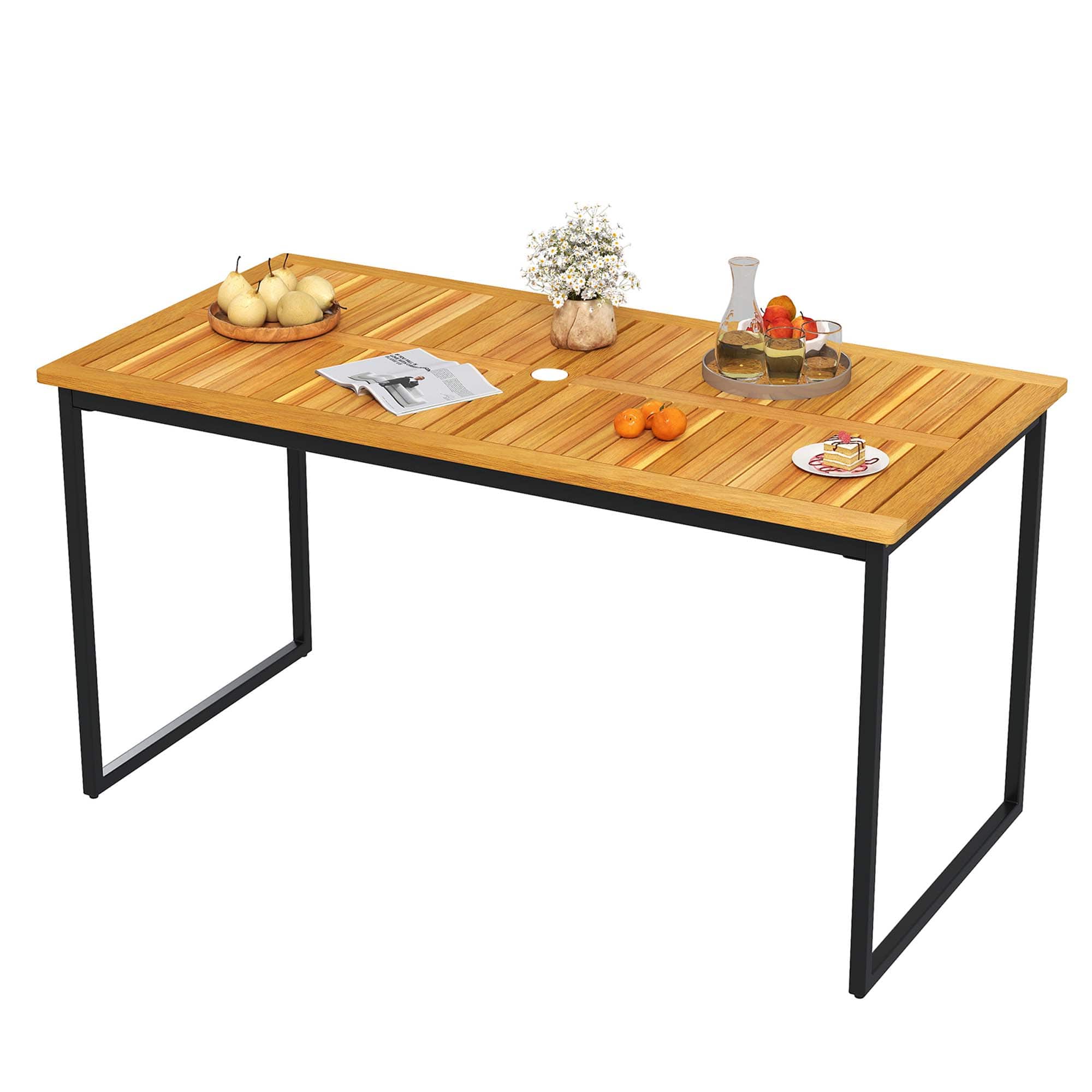 Front. Costway - Acacia Wood Dining Table for 6 People 55" Rectangle Patio Table with Umbrella Hole - Natural + Black.