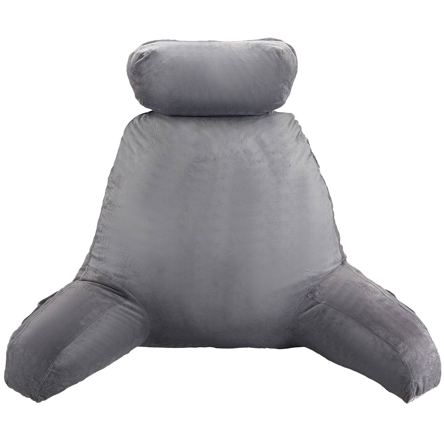 Front. VEVOR - Reading Pillow, Large Bed Pillow with Removable Headrest, Back Pillow with 3 Pockets, Shredded Memory Foam - Grey.