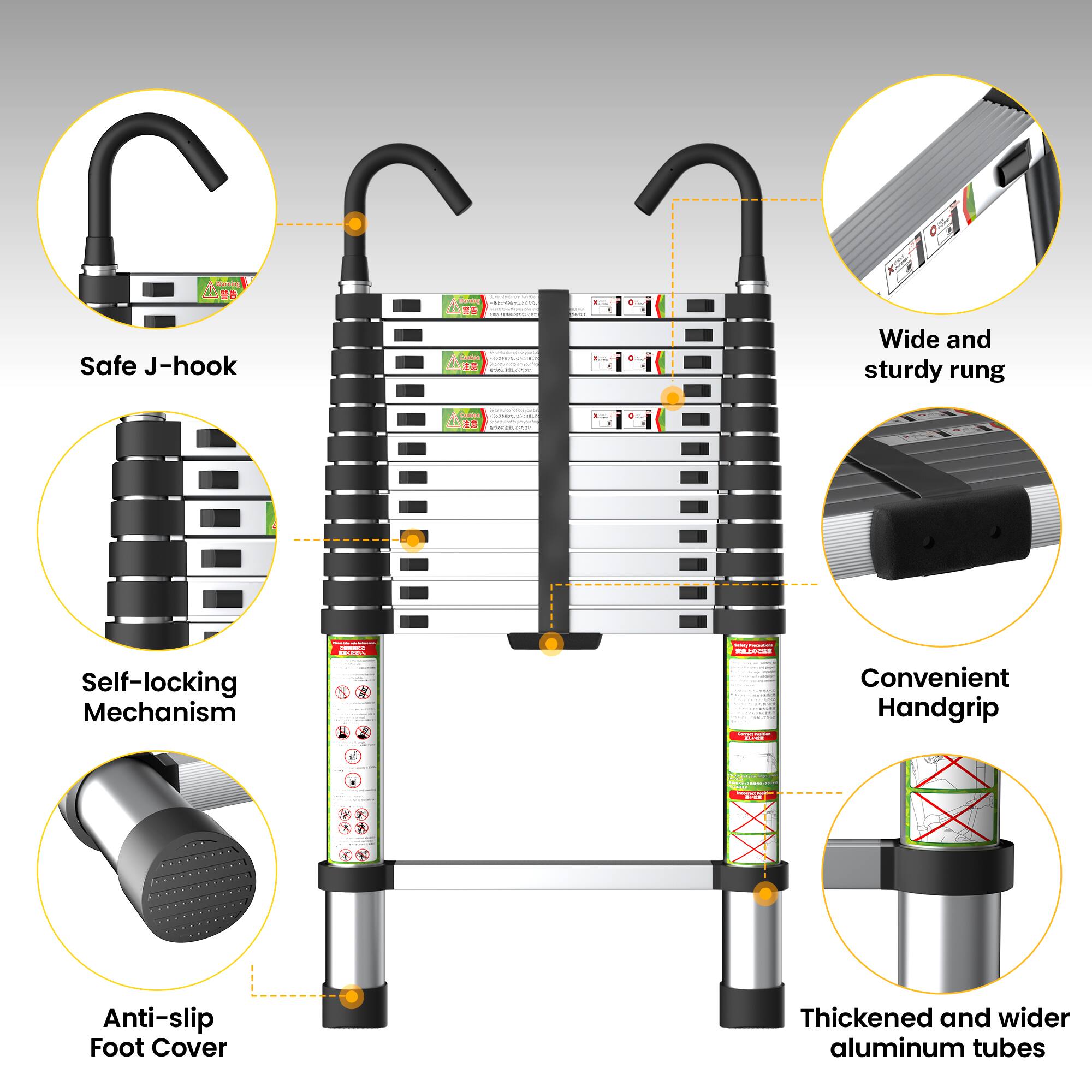 - Safe J-hook
- Wide and sturdy rung
- Self-locking Mechanism
- Convenient Handgrip
- Anti-slip Foot Cover
- Thickened and wider aluminum tubes
