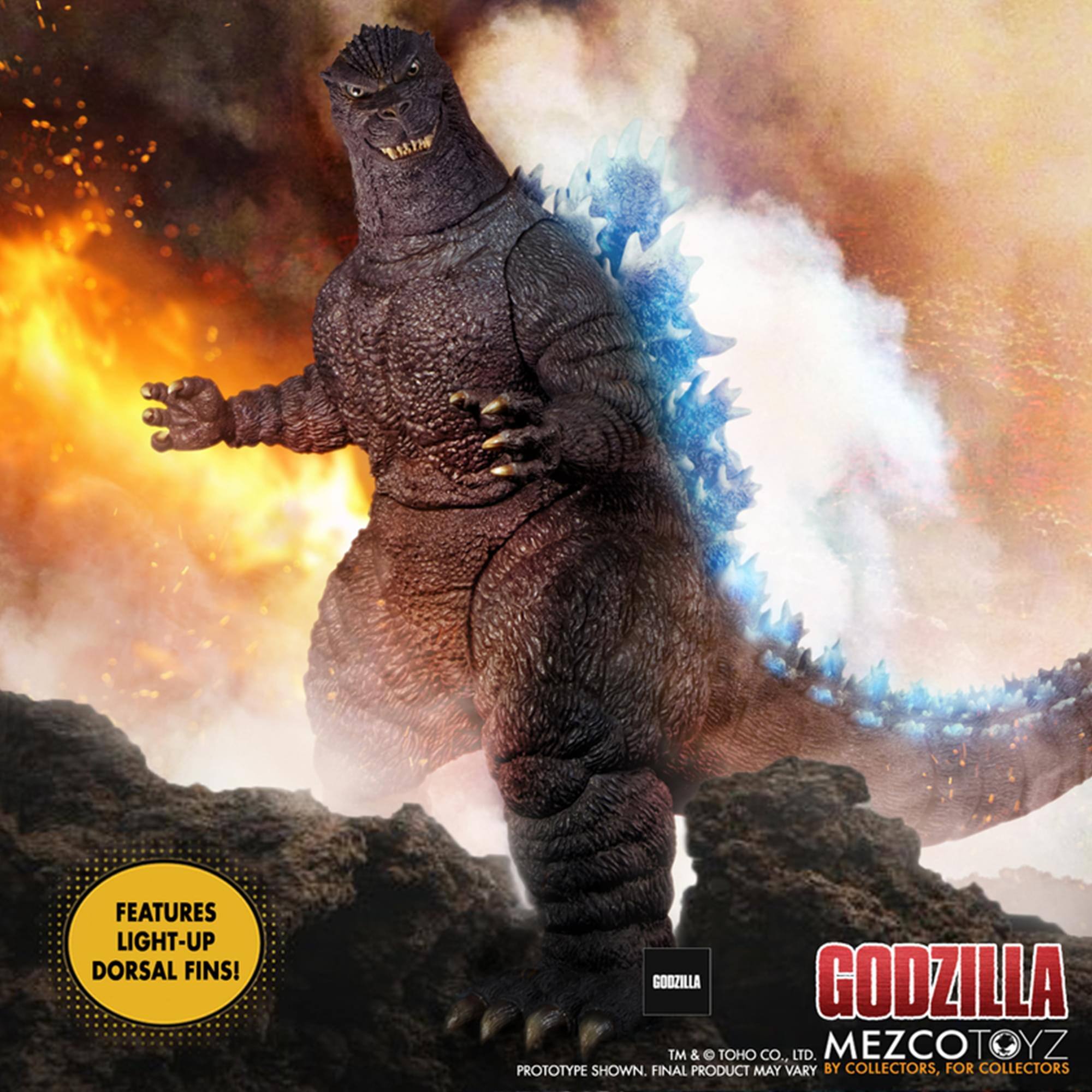 Features light-up dorsal fins! Godzilla TM & Toho Co., Ltd. MezcoToyz prototype shown. Final product may vary by collectors, for collectors
