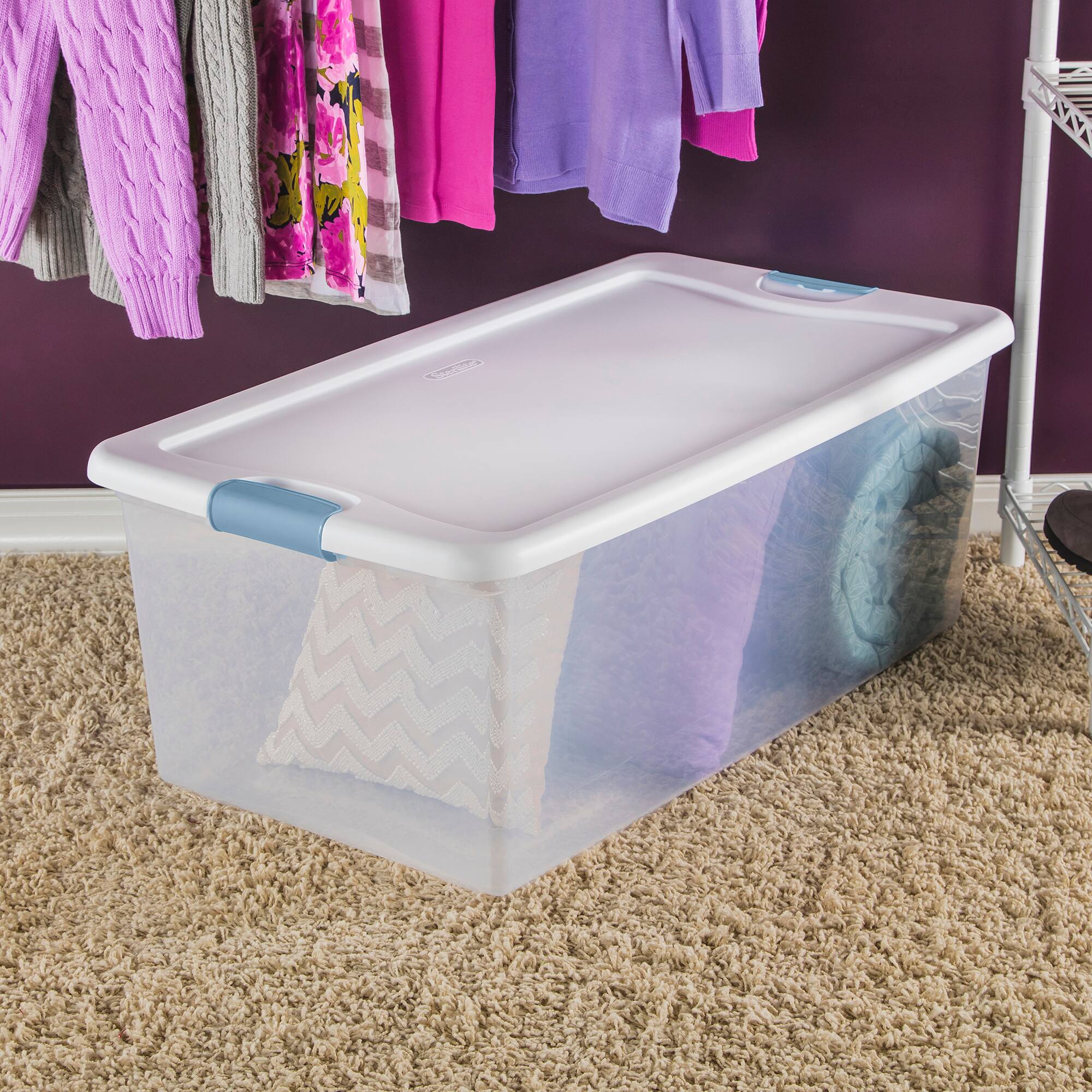 Alt View 3. Sterilite - Sterilite 106 Qt Clear Plastic Stackable Storage Bin w/ White Latch Lid, 8 Pack.