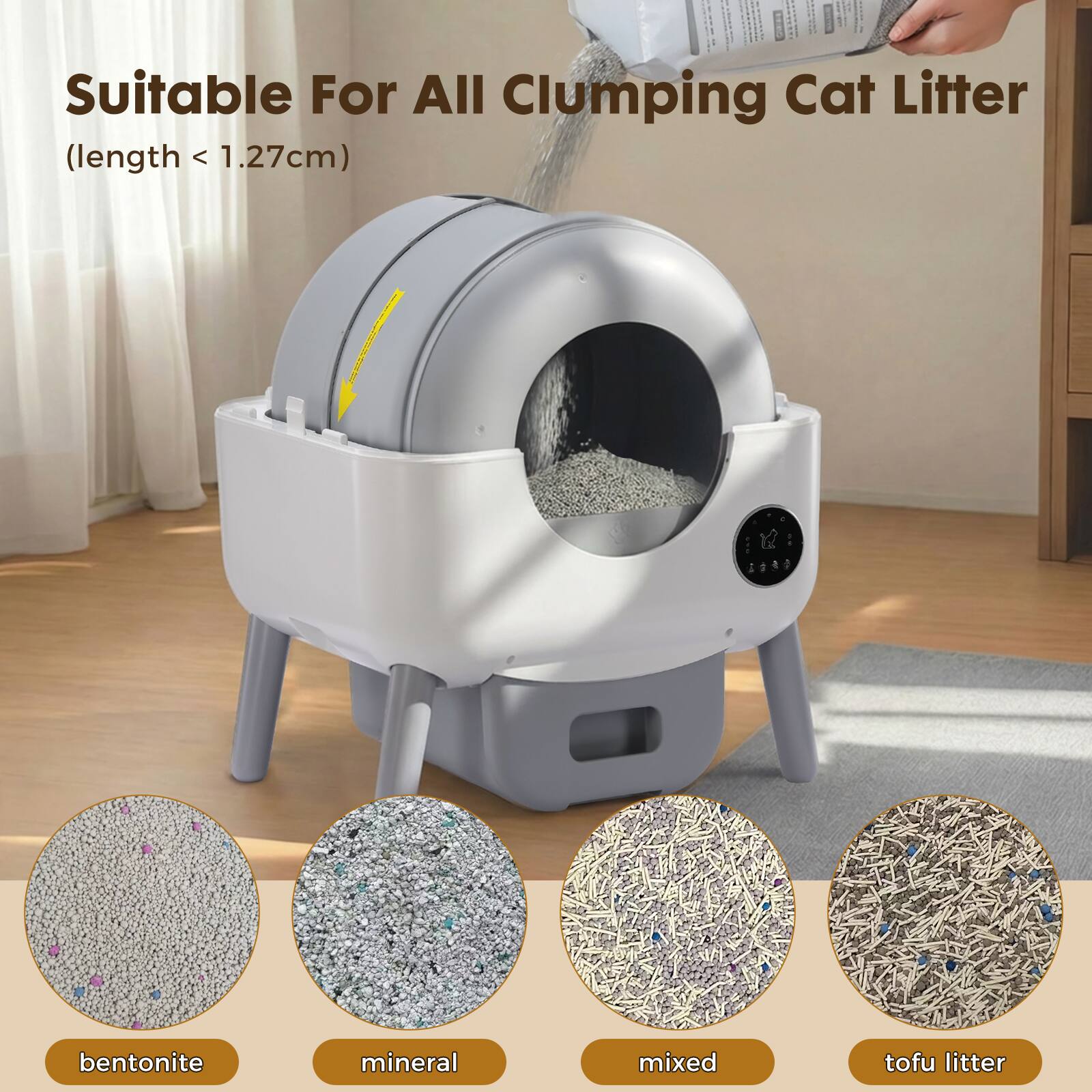 Suitable For All Clumping Cat Litter (length < 1.27cm)  
5 d & 1 bentonite mineral mixed tofu litter