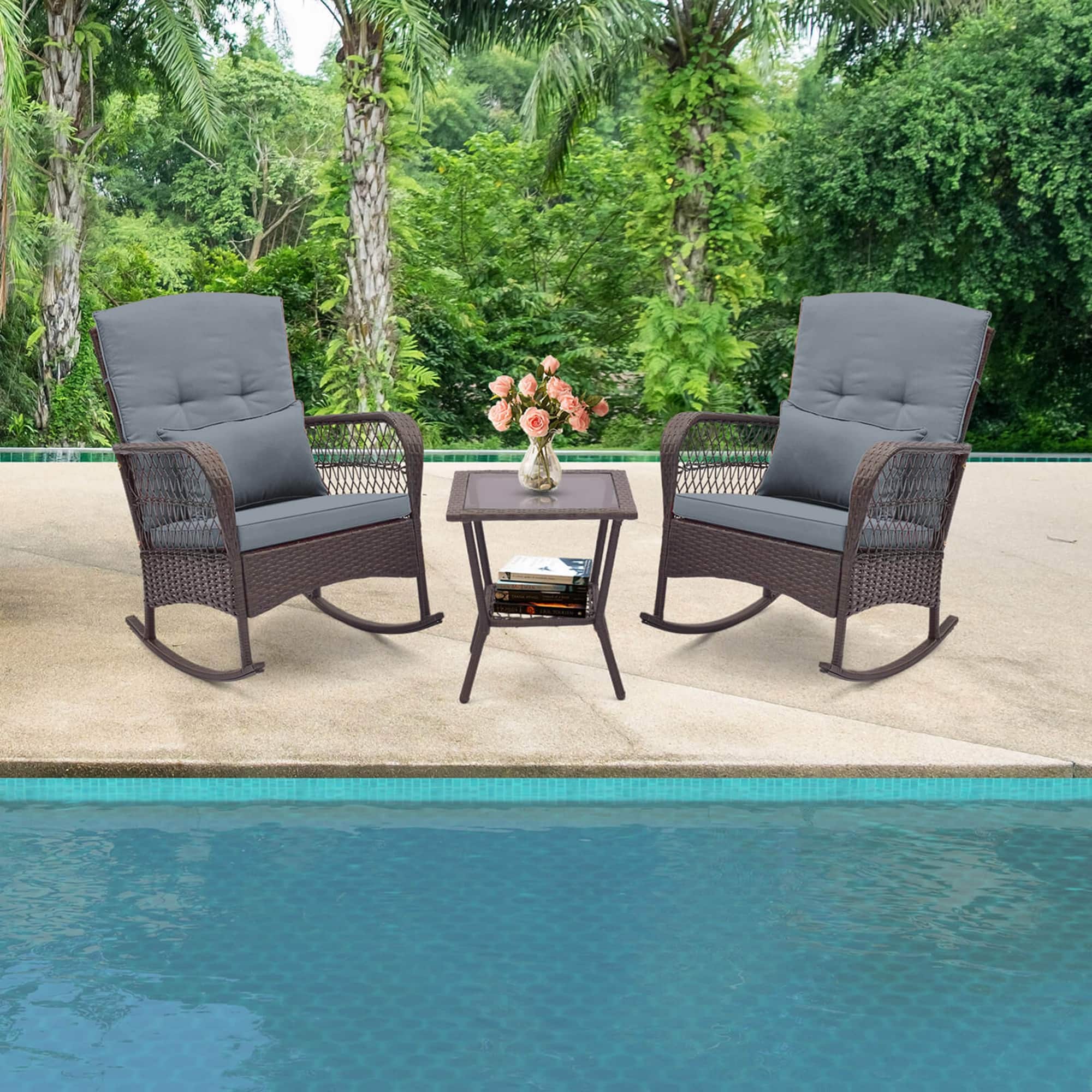 Alt View 2. Costway - 3 PCS Patio Rocker Set Outdoor Wicker Rocking Chairs with Double-Layer Coffee Table - Gray.