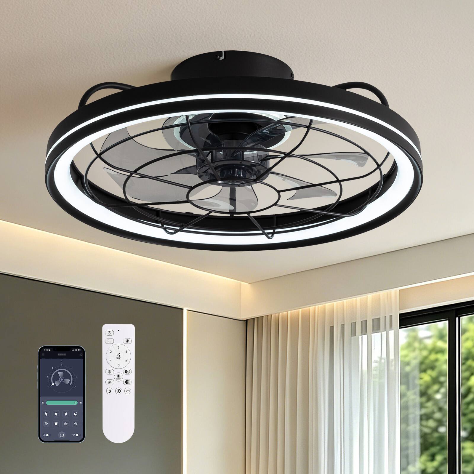 Angle. Siljoy - 20-in Modern Black Caged Ceiling Fan with LED Light Remote App Control 6 Speed Reversible DC Motor - Black.