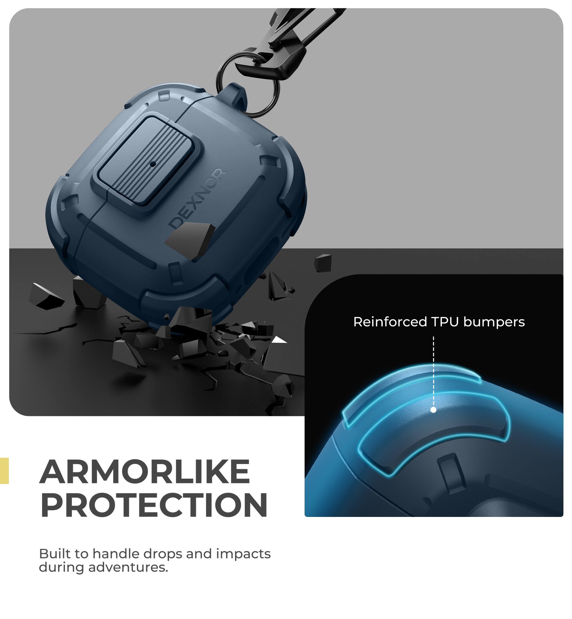 DEXNOR Reinforced TPU bumpers  
ARMORLIKE PROTECTION  
Built to handle drops and impacts during adventures.