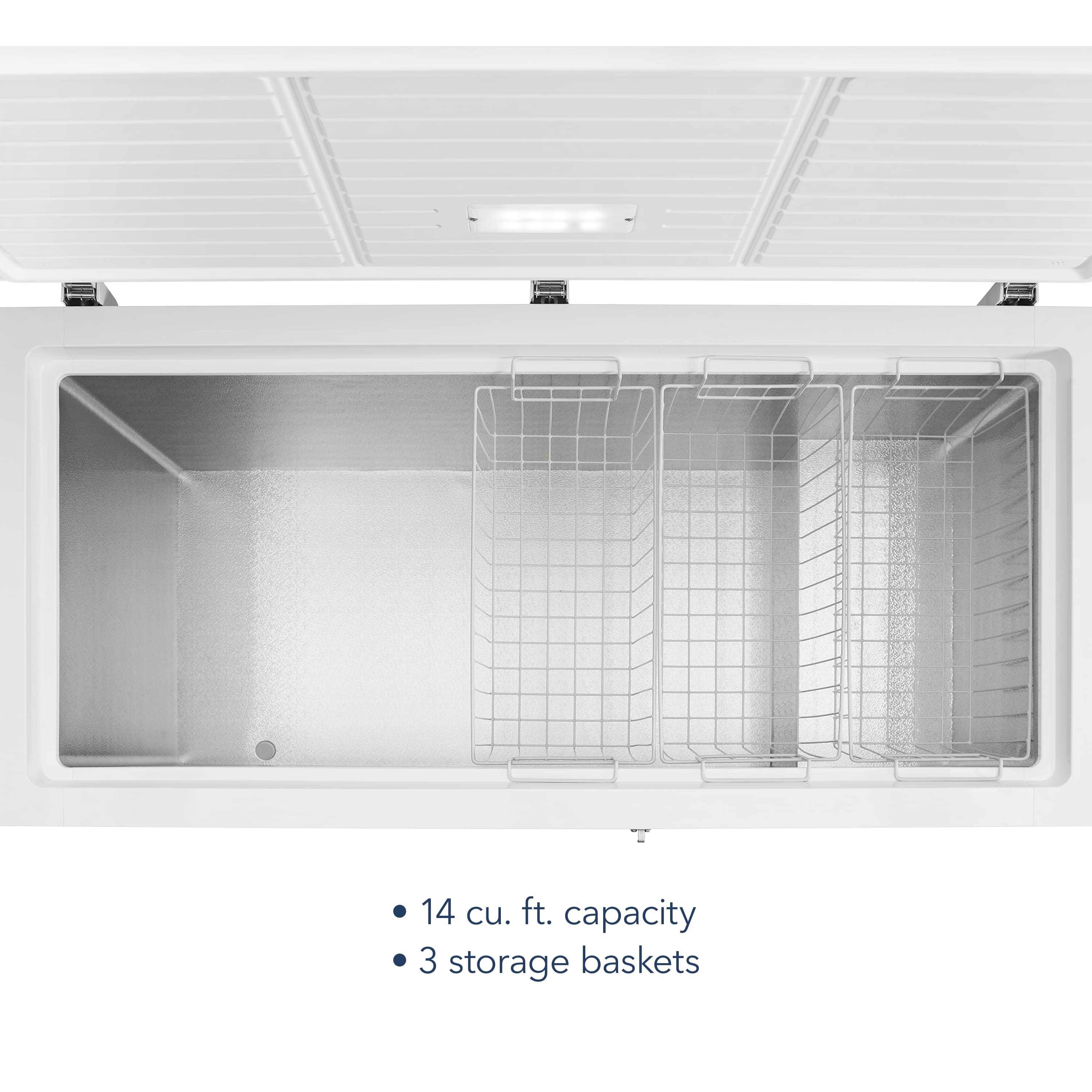 The text on the image reads: "14 cu. ft. capacity 3 storage baskets." This indicates that the refrigerator has a 14 cubic foot capacity and comes with three storage baskets.