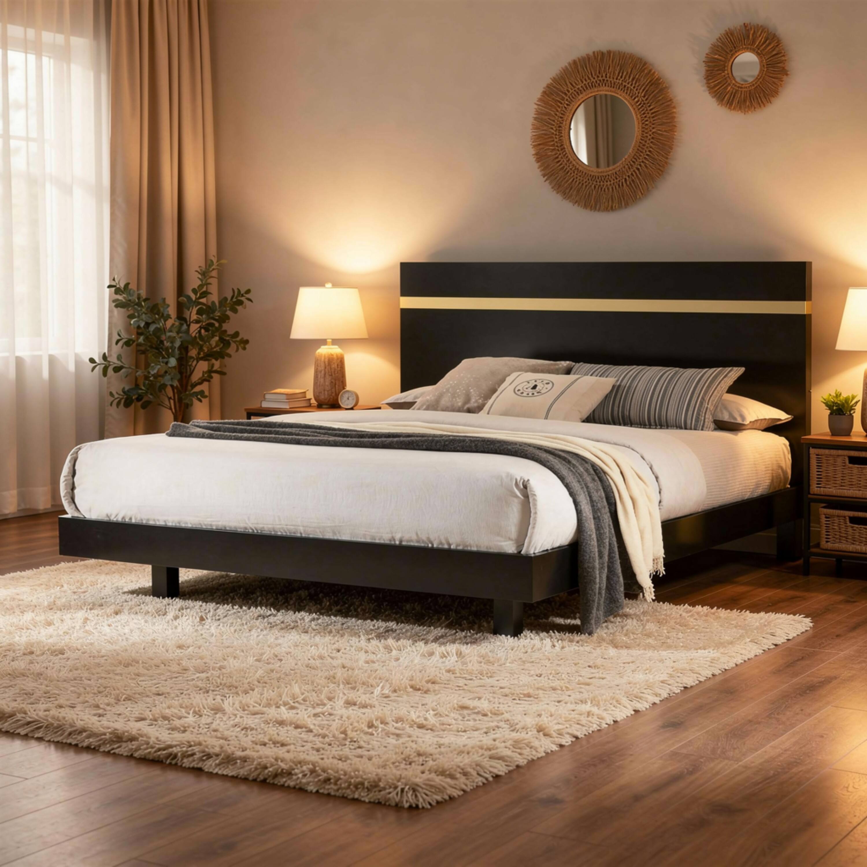 Alt View 6. Manhattan Lane - Yoki Full Size Bed w Underbed LED, Acrylic Gold Trim, Black Frame - Black, Gold.