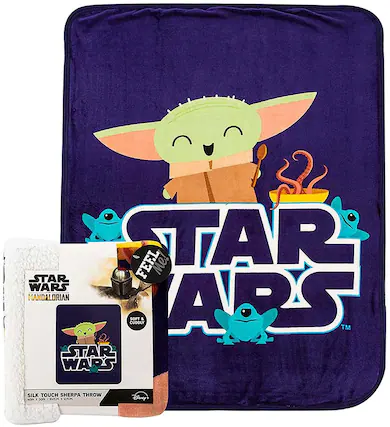 Sure, here is the corrected and grouped text from the image:
---
**STAR WARS**
**MANDALORIAN**
**SILK TOUCH SHERPA THROW**
**SOFT & CUDDLY**
**Disney+**
**1 CM x VCM**
**FEEL Me!**
---
**STAR WARS**
**MANDALORIAN**
**SILK TOUCH SHERPA THROW**
**Disney+**