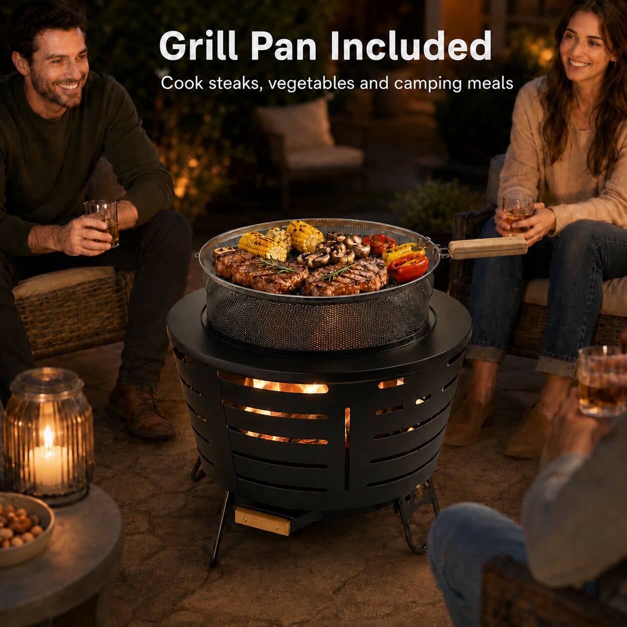 Grill Pan Included  
Cook steaks, vegetables and camping meals