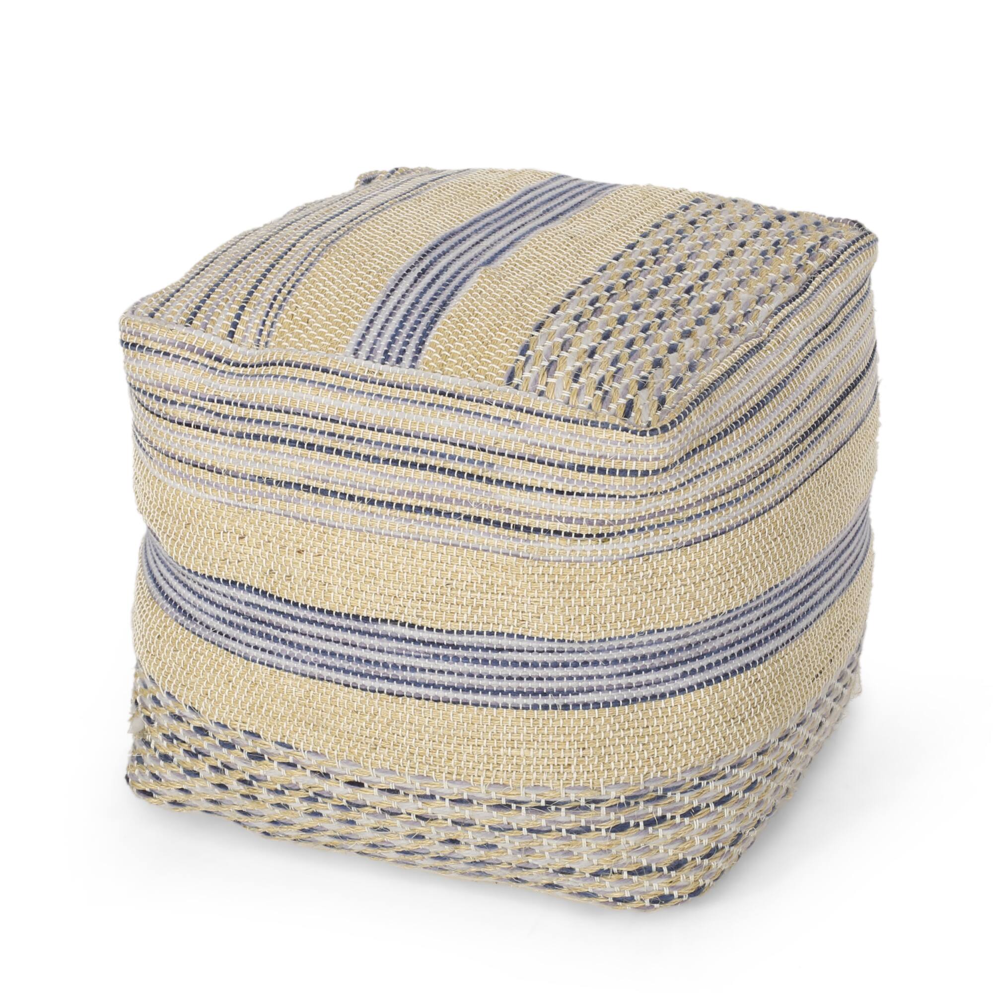 GOODSILO - Handcrafted Fabric Pouf Blue - Durable Hemp and Wool Blend Square Ottoman - Natural