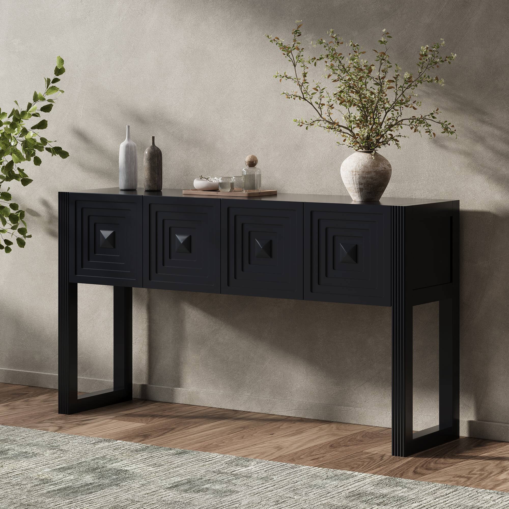 Front. Whisen - Geometric Carved Console Table, 3-Drawer Storage Sofa Table with Fluted Legs for Entryway & Living Room - Black.