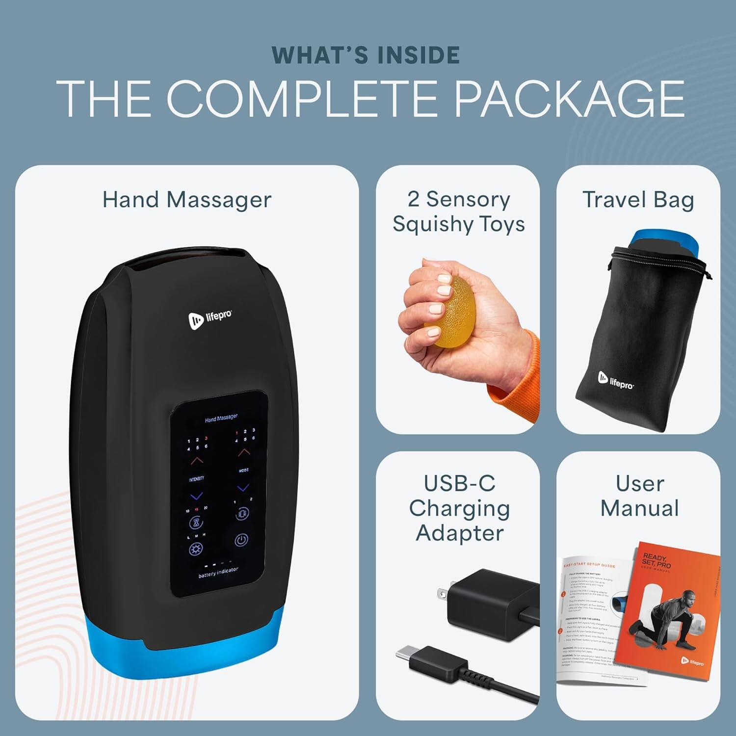 WHAT'S INSIDE THE COMPLETE PACKAGE

- Hand Massager
- 2 Sensory Squishy Toys
- Travel Bag
- USB-C Charging Adapter
- User Manual