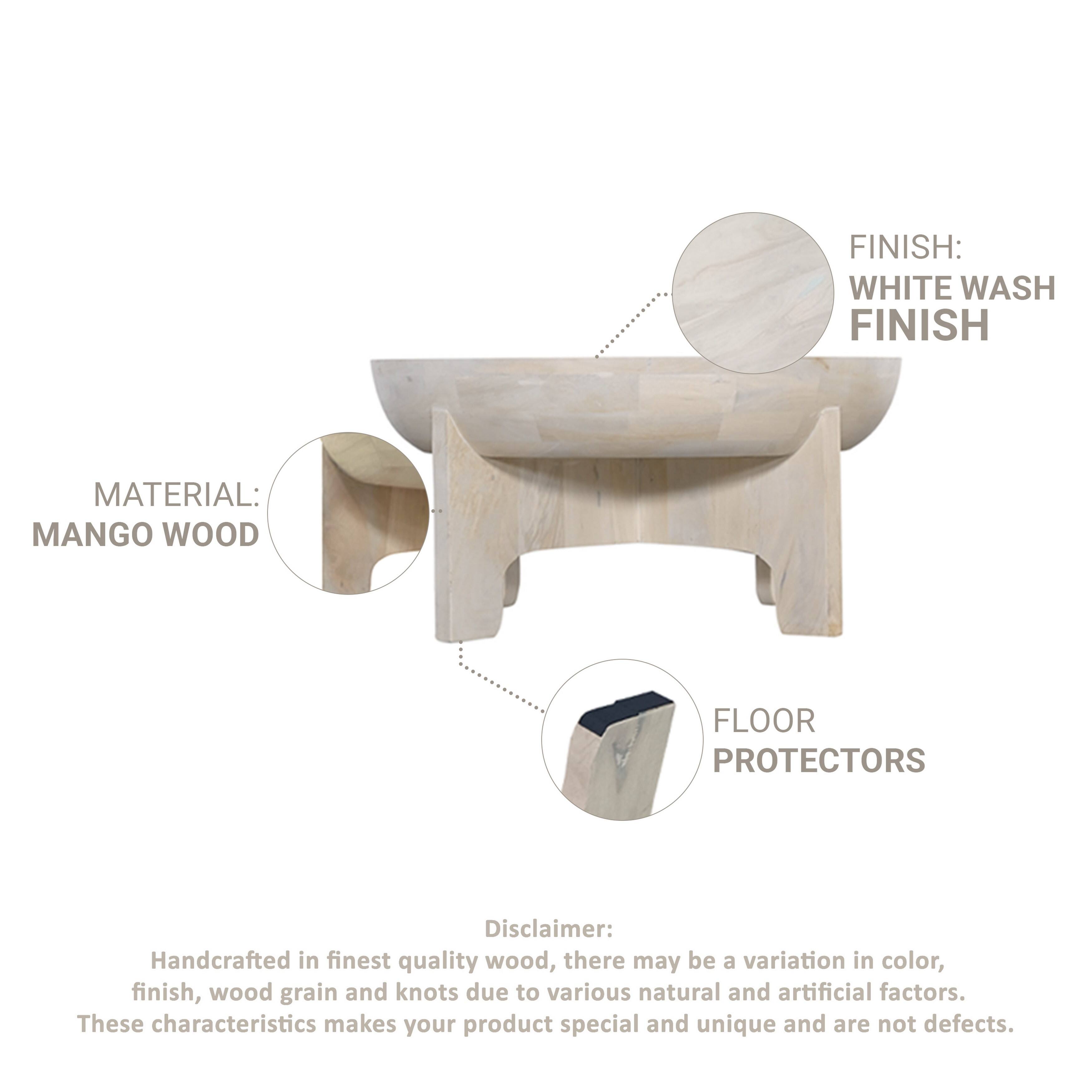 FINISH: WHITE WASH FINISH
MATERIAL: MANGO WOOD
FLOOR PROTECTORS

Disclaimer: Handcrafted in finest quality wood, there may be a variation in color, finish, wood grain and knots due to various natural and artificial factors. These characteristics makes your product special and unique and are not defects.