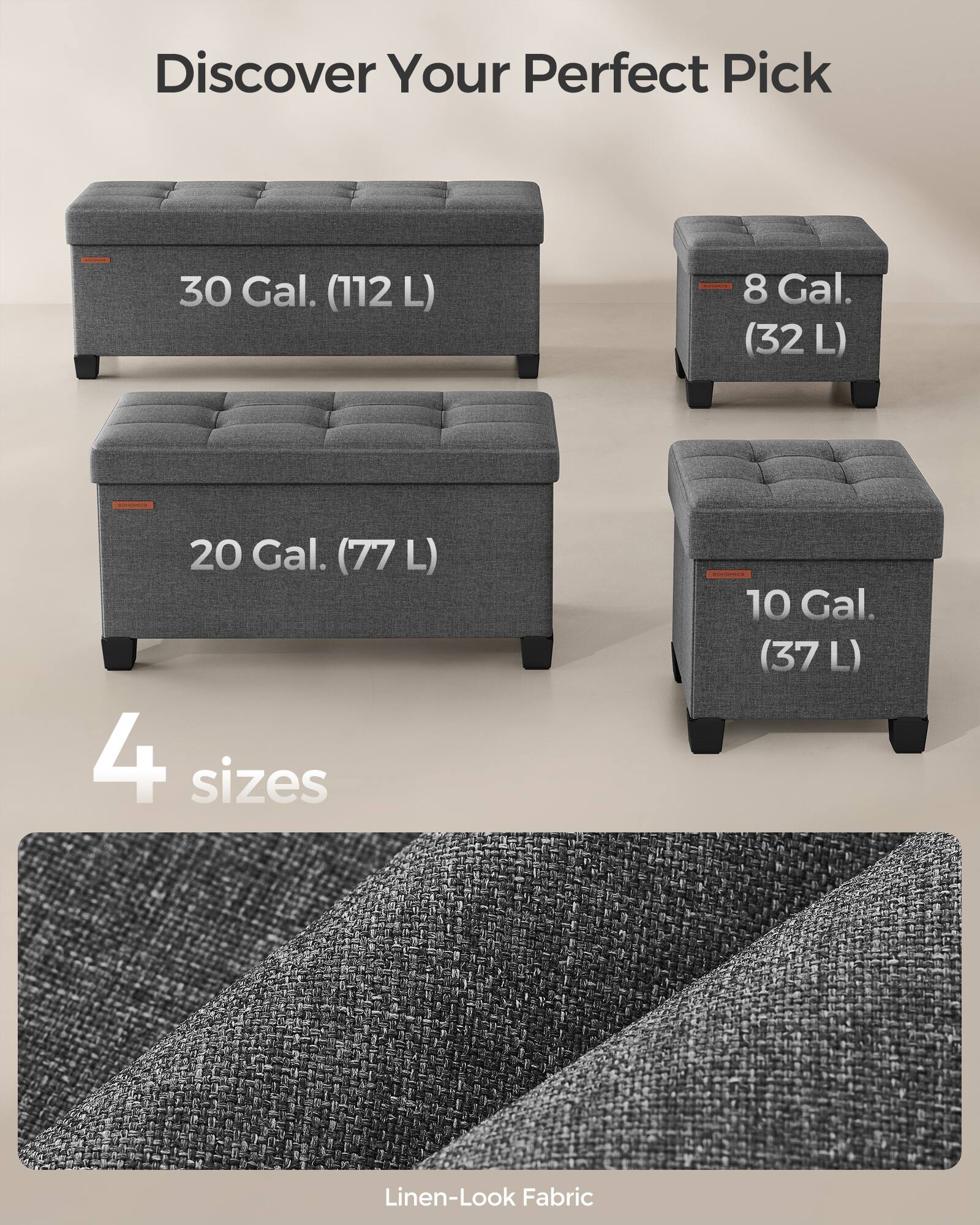 Discover Your Perfect Pick

30 Gal. (112 L)  
8 Gal. (32 L)  
20 Gal. (77 L)  
10 Gal. (37 L)  

4 sizes  

Linen-Look Fabric
