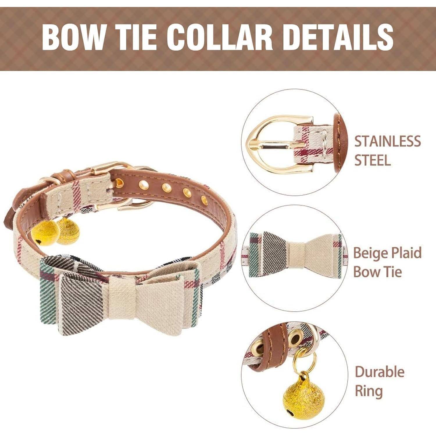 BOW TIE COLLAR DETAILS

- STAINLESS STEEL
- Beige Plaid Bow Tie
- Durable Ring