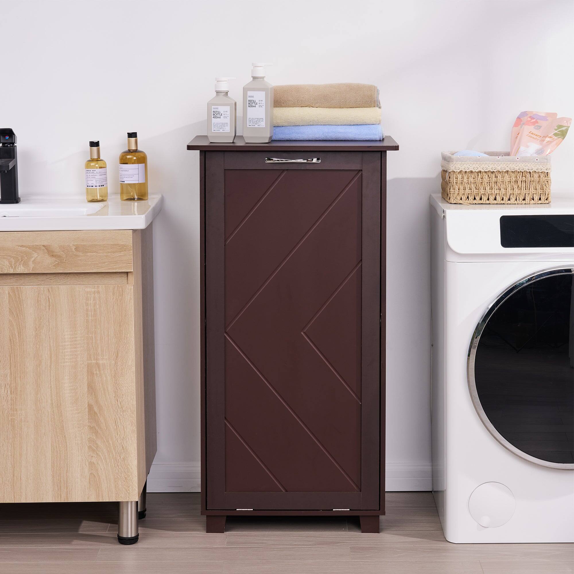 Alt View 1. Vecelo - Hidden Trash Can Cabinet with Deodorizer - Pull-Out Kitchen Garbage Bin Storage, MDF Wood Concealed Trash Cabinet - Brown.