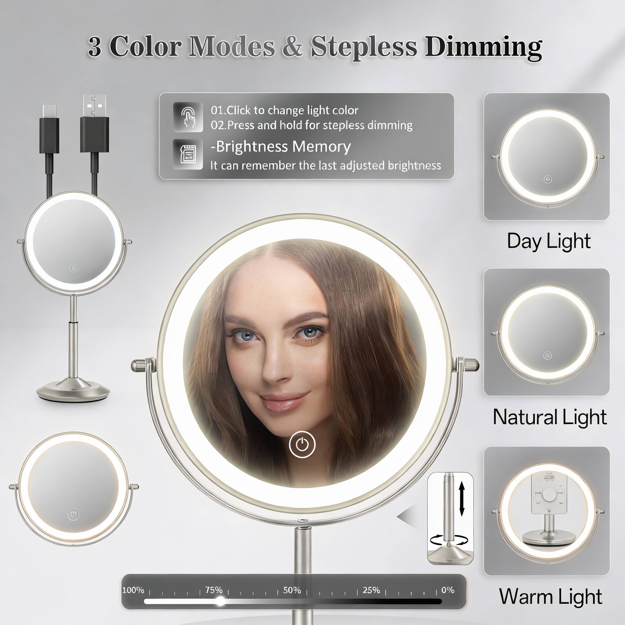 3 Color Modes & Stepless Dimming

01. Click to change light color
02. Press and hold for stepless dimming

- Brightness Memory
  It can remember the last adjusted brightness

Day Light
Natural Light
Warm Light

100% 75% 50% 25% 0%