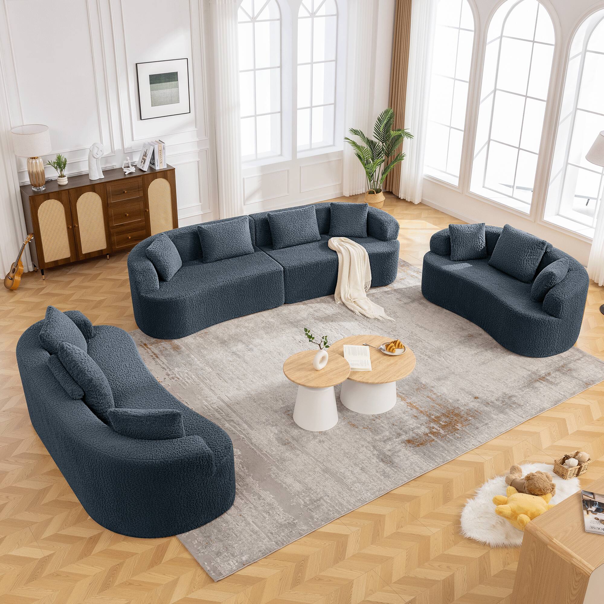Alt View 7. KERDOM - 80" Curved Loveseat for Small Space, Modern Teddy Sofa Couch with 3 Pillows for Apartment, Bedroom, No Assembly Required - Navy.