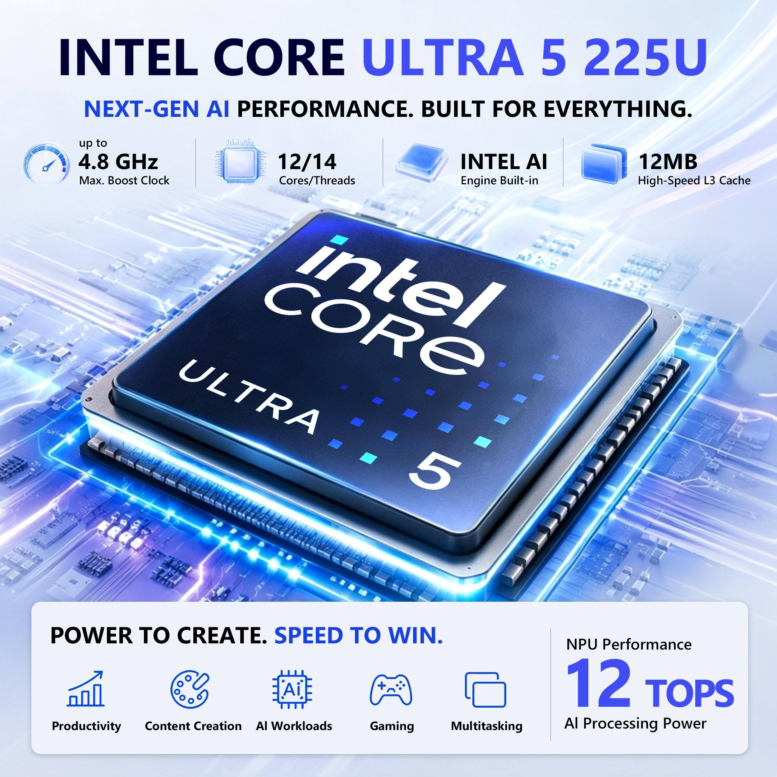 INTEL CORE ULTRA 5 225U NEXT-GEN AI PERFORMANCE. BUILT FOR EVERYTHING.

- up to 4.8 GHz Max. Boost Clock
- 12/14 Cores/Threads
- INTEL AI Engine Built-in
- 12MB High-Speed L3 Cache

POWER TO CREATE. SPEED TO WIN.
- Productivity
- Content Creation
- AI Workloads
- Gaming
- Multitasking

NPU Performance 12 TOPS AI Processing Power