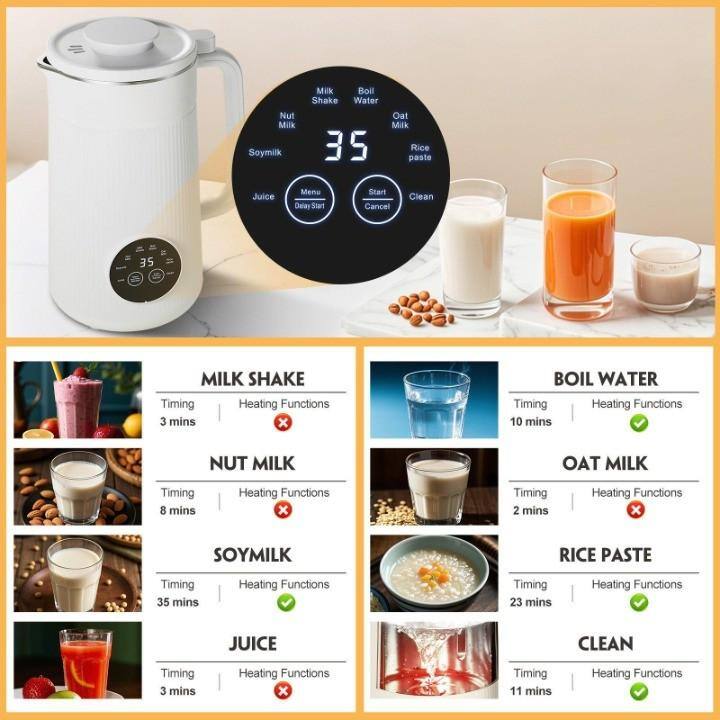Sure, here is the corrected and grouped text:

---

**Milk Shake**
- Timing: 3 mins
- Heating Functions: ❌

**Boil Water**
- Timing: 10 mins
- Heating Functions: ✅

**Nut Milk**
- Timing: 8 mins
- Heating Functions: ❌

**Oat Milk**
- Timing: 2 mins
- Heating Functions: ❌

**Soy Milk**
- Timing: 35 mins
- Heating Functions: ✅

**Rice Paste**
- Timing: 23 mins
- Heating Functions: ✅

**Juice**
- Timing: 3 mins
- Heating Functions: ❌

**Clean**
- Timing: 11 mins
- Heating Functions: ✅

---

**Menu**
- Milk Shake
- Nut Milk
- Soy Milk
- Juice
- Boil Water
- Oat Milk
- Rice Paste
- Clean

**Start**
**Cancel**
**Clean**

---

**SE MILK SHAKE**
**Timing Heating Functions 3 mins x**

**BOIL WATER**
**Timing Heating Functions 10 mins**

**NUT MILK OAT MILK**
**Timing 8 mins Heating Functions