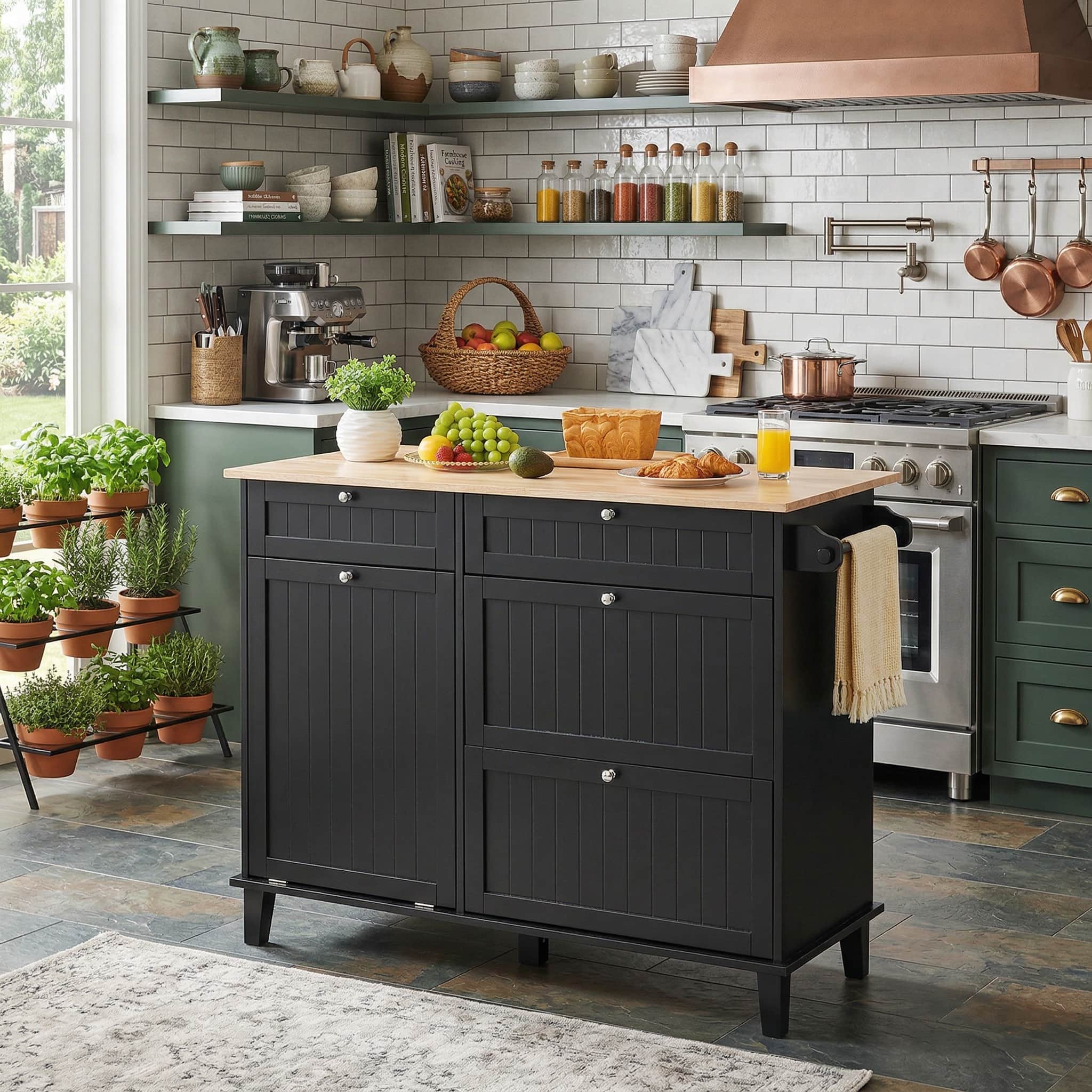 Forest'nSky - Kitchen Cart with Trash Cabinet, Rolling Island with Drawer and Shelves, Stainless Steel Top Serving Cart - Black