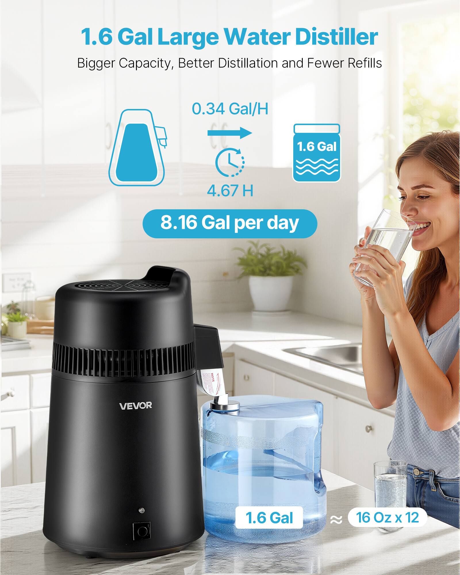 1.6 Gal Large Water Distiller  
Bigger Capacity, Better Distillation and Fewer Refills  

0.34 Gal/H  
1.6 Gal  
4.67 H  
8.16 Gal per day  

HOTE  
VEVOR  
1.6 Gal  
22  
16 Oz x 12