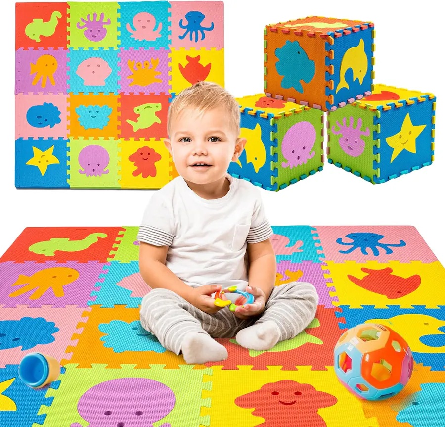Toyvelt Foam Puzzle Floor Mat for Kids – 12x12 16 Tiles Interlocking ...