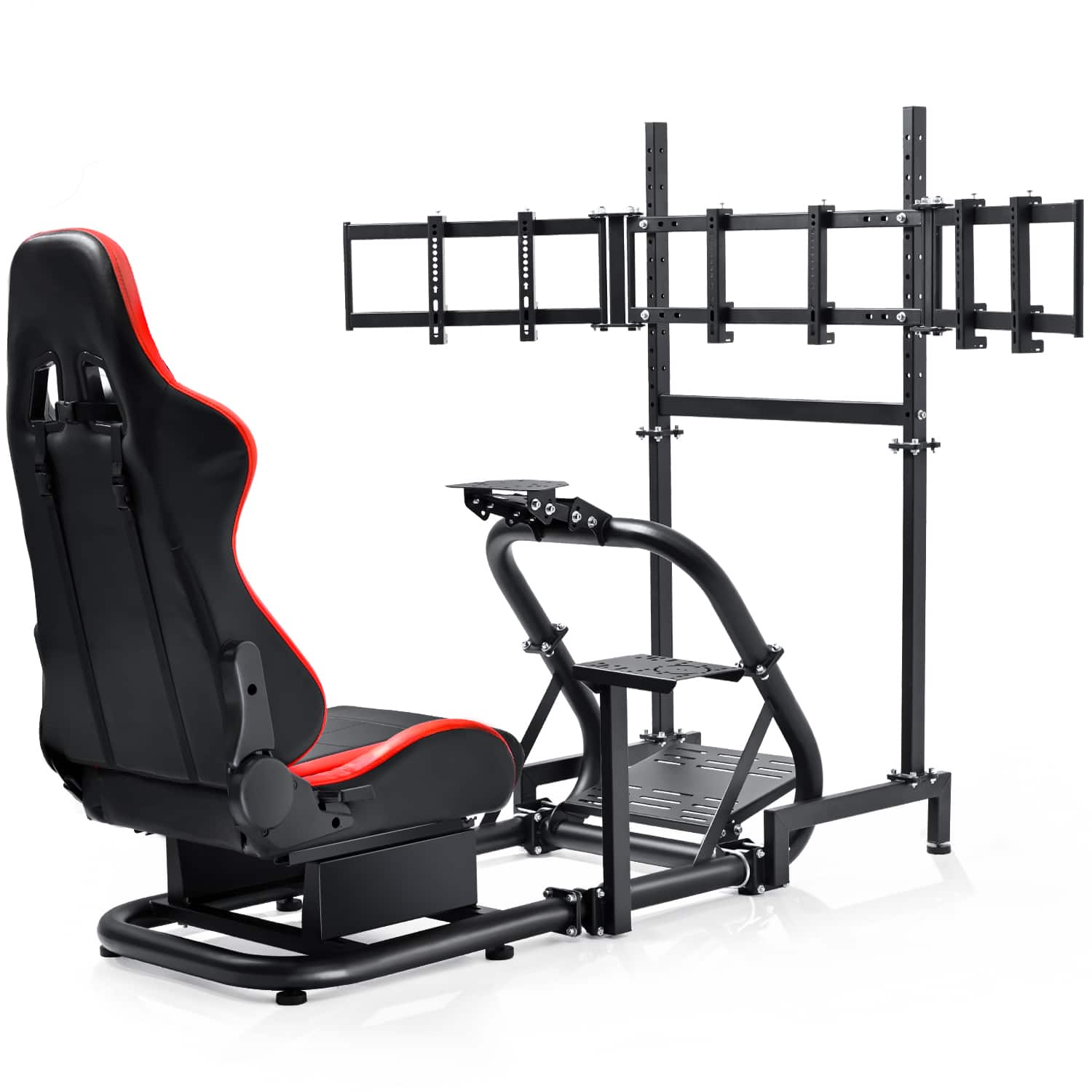 Dardoo - Racing Simulator Cockpit with Triple Monitor Stand and Red Racing Seat,Fits for Logitech, Thrustmaster, Fanatec - Red & Black