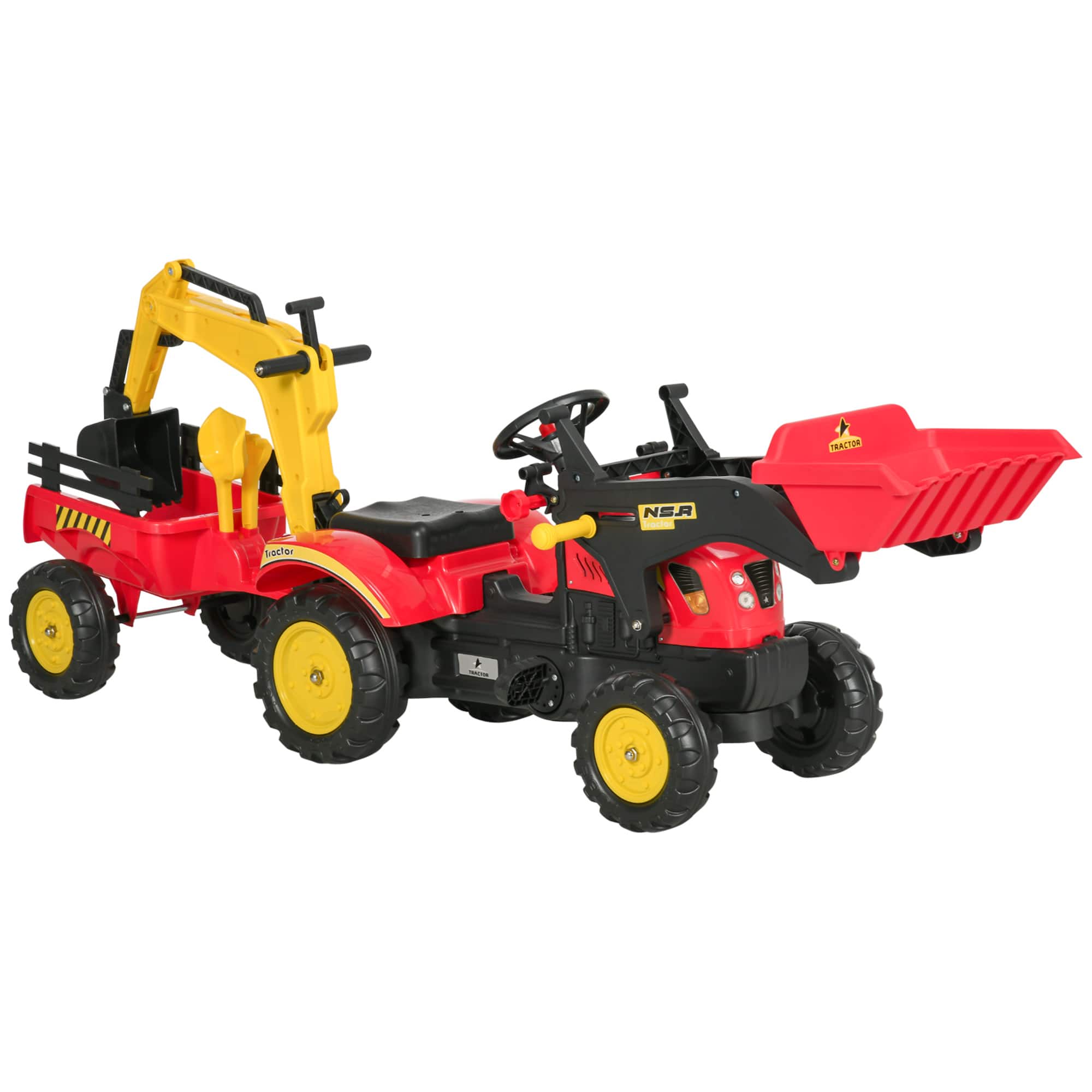 Ecooso - 3-in-1 Kids Pedal Ride-On Excavator and Bulldozer with 6 Wheels, Working Bucket, and Detachable Trailer - Yellow